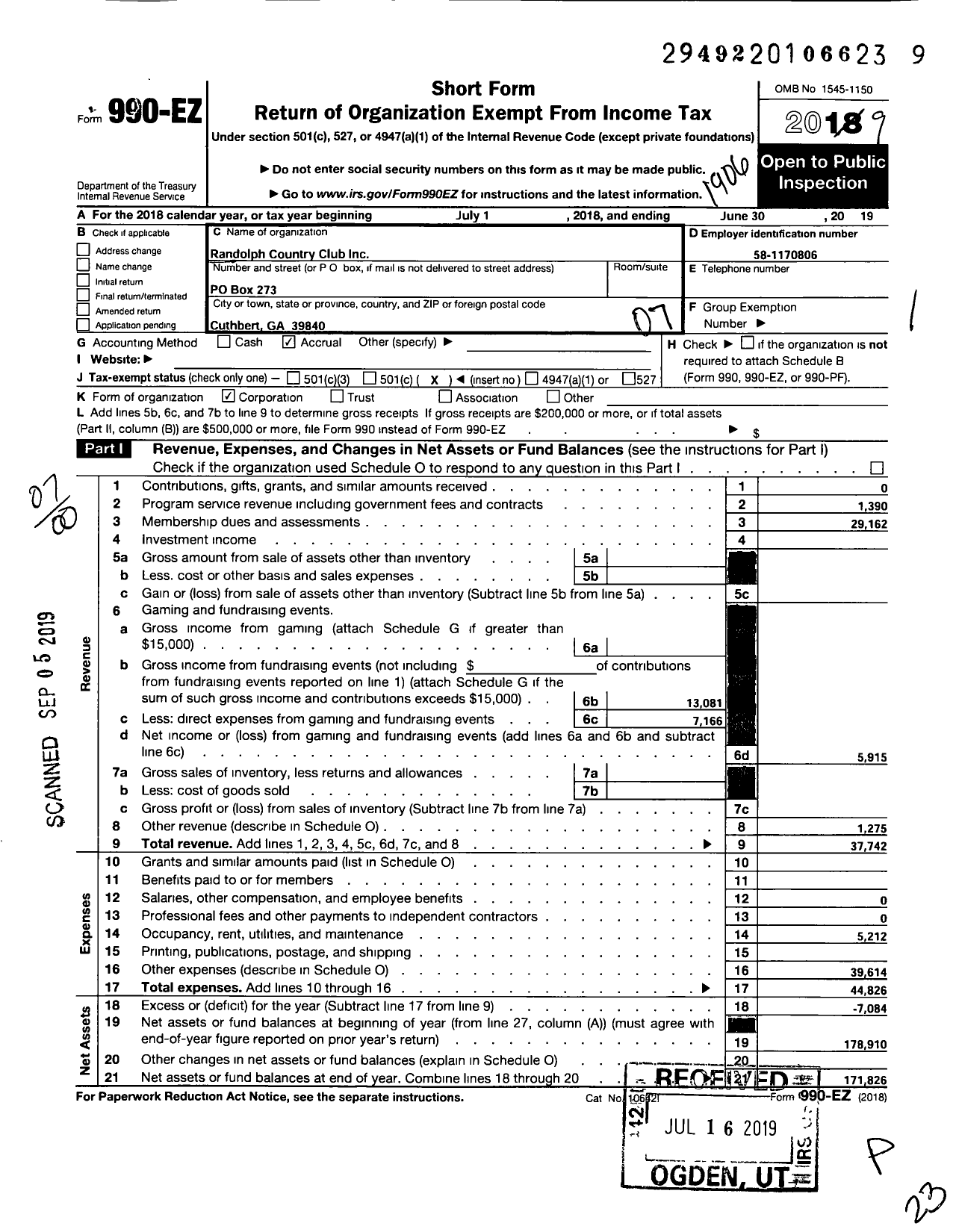 Image of first page of 2018 Form 990EO for Randolph Country Club