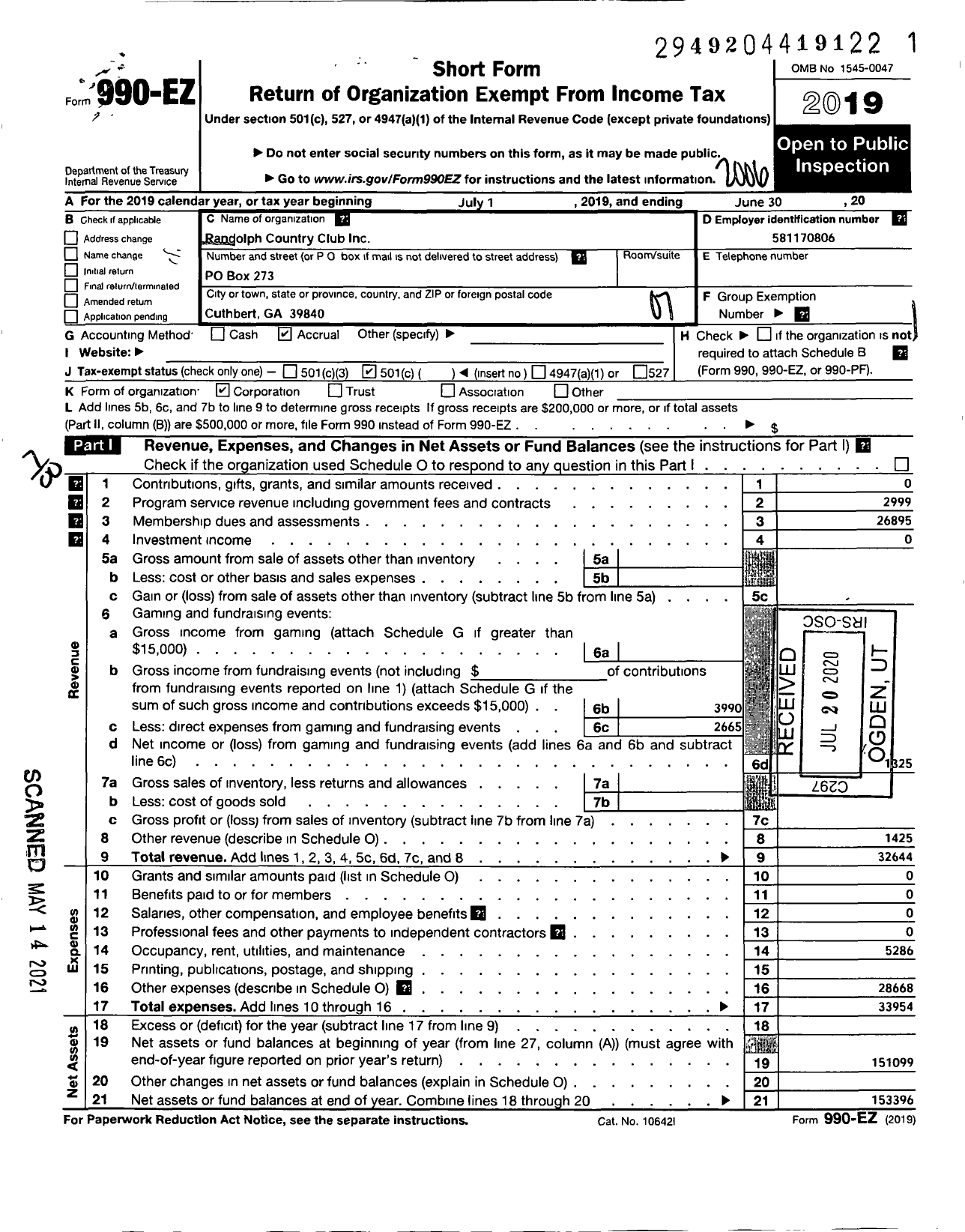 Image of first page of 2019 Form 990EO for Randolph Country Club