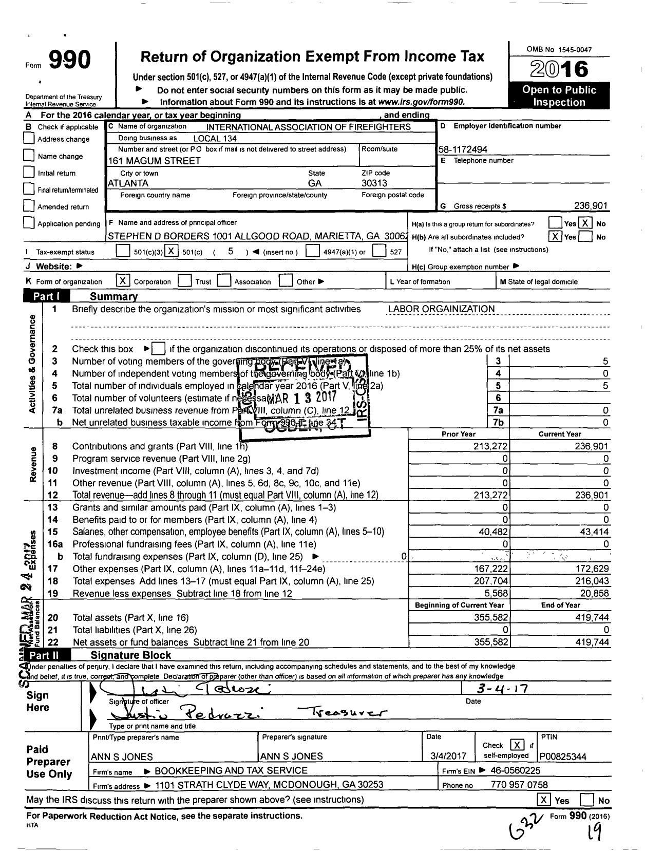 Image of first page of 2016 Form 990O for International Association of Firefighters