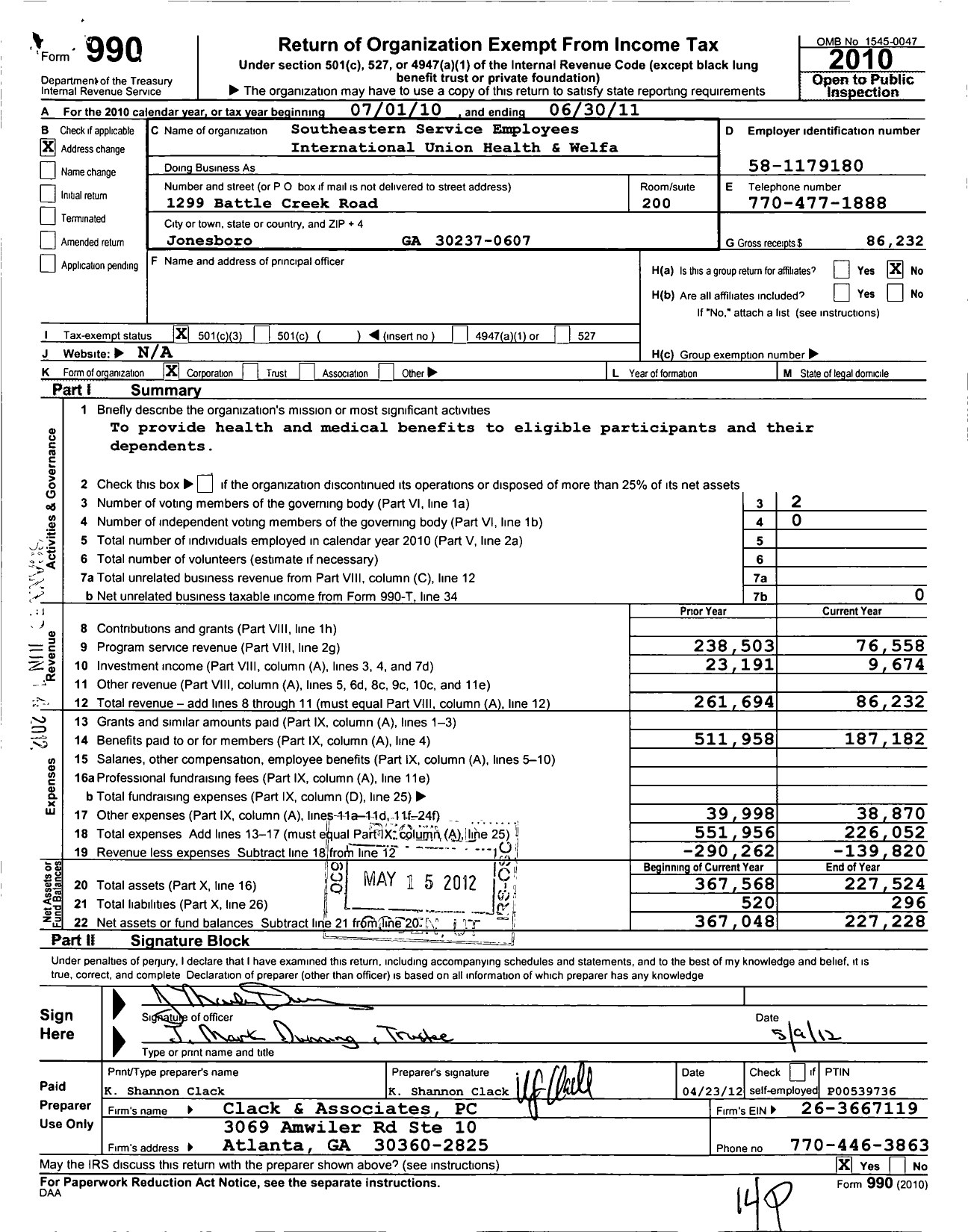 Image of first page of 2010 Form 990 for Southeastern Service Employees Intn Unio Health and Welfare Fund