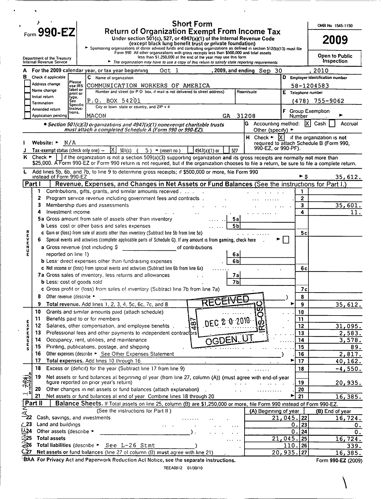 Image of first page of 2009 Form 990EO for Communications Workers of America - Cwa Georgia Political