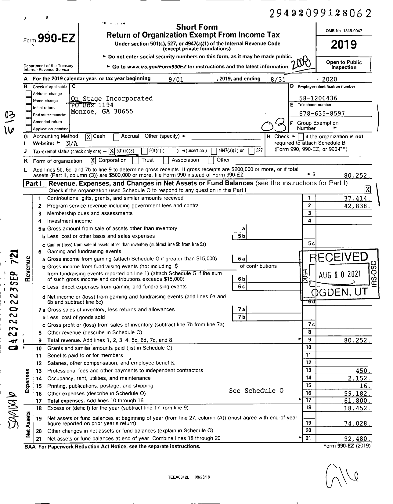 Image of first page of 2019 Form 990EZ for On Stage Incorporated