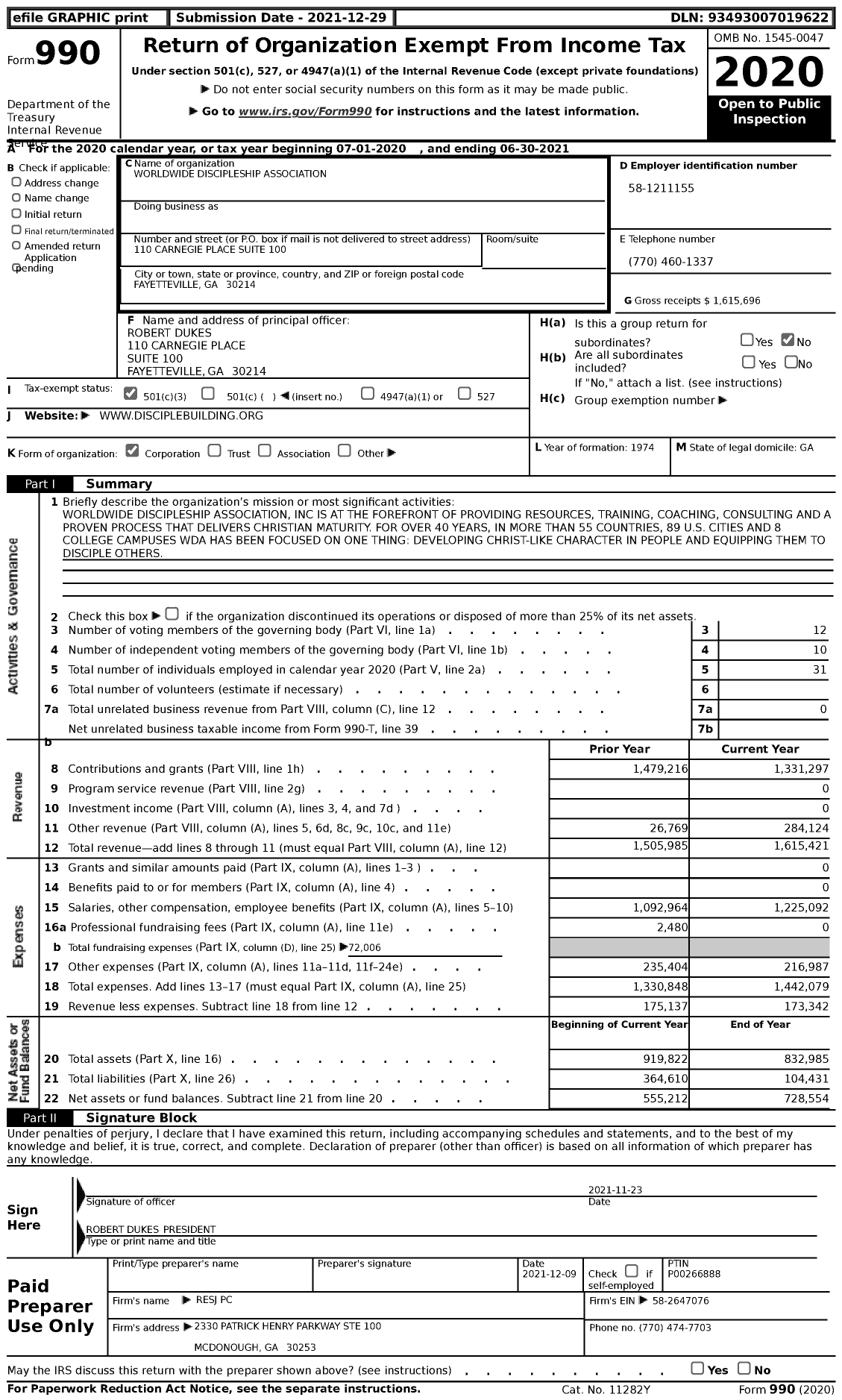 Image of first page of 2020 Form 990 for Worldwide Discipleship Association