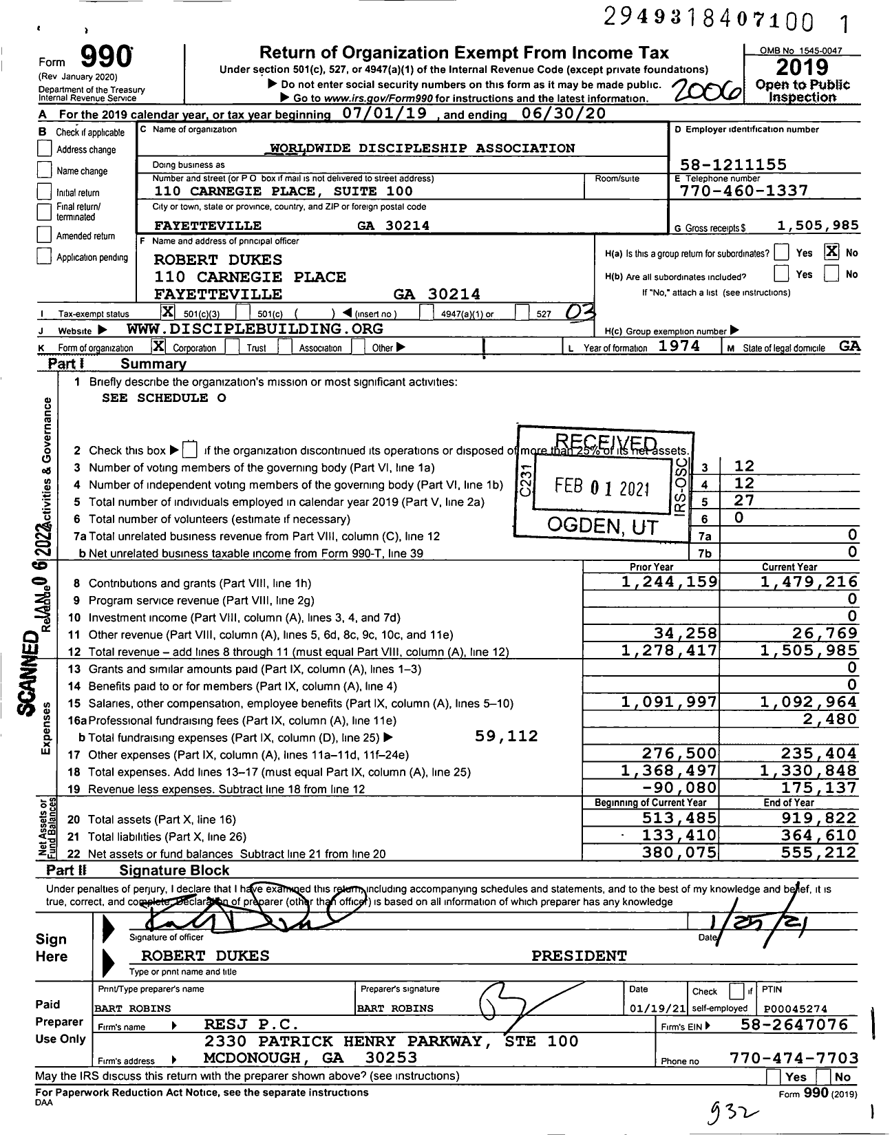 Image of first page of 2019 Form 990 for Worldwide Discipleship Association