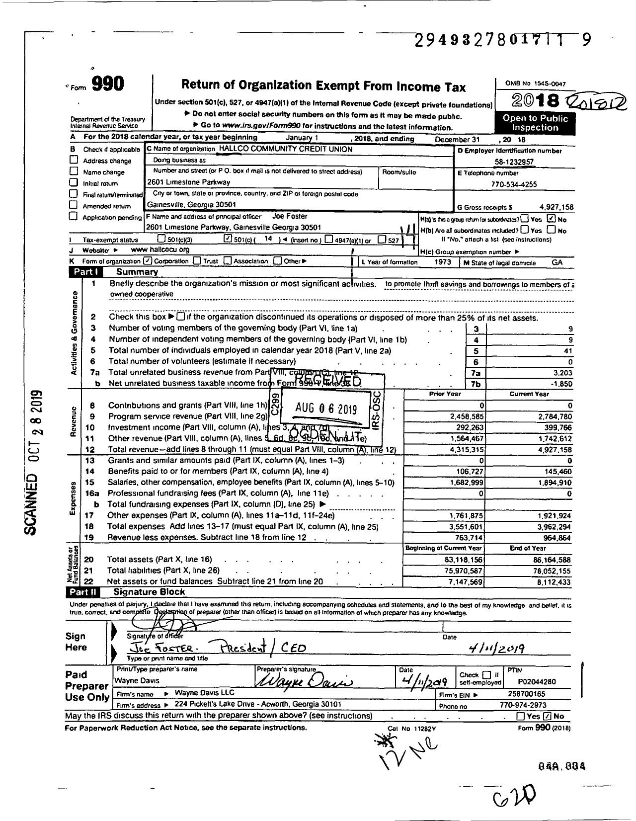 Image of first page of 2018 Form 990O for Mygeorgia Credit Union