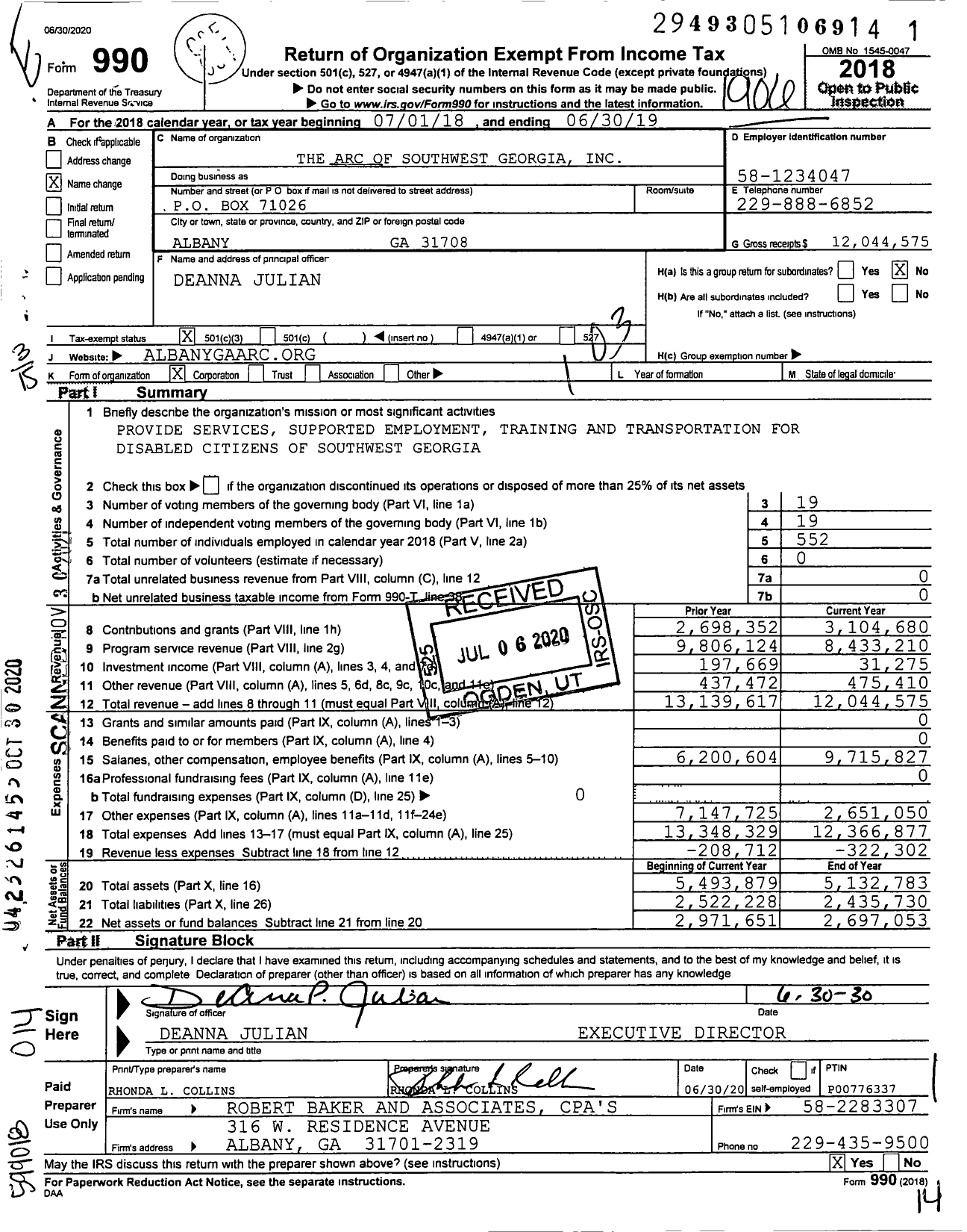 Image of first page of 2018 Form 990 for The Arc of Southwest Georgia (ARC)