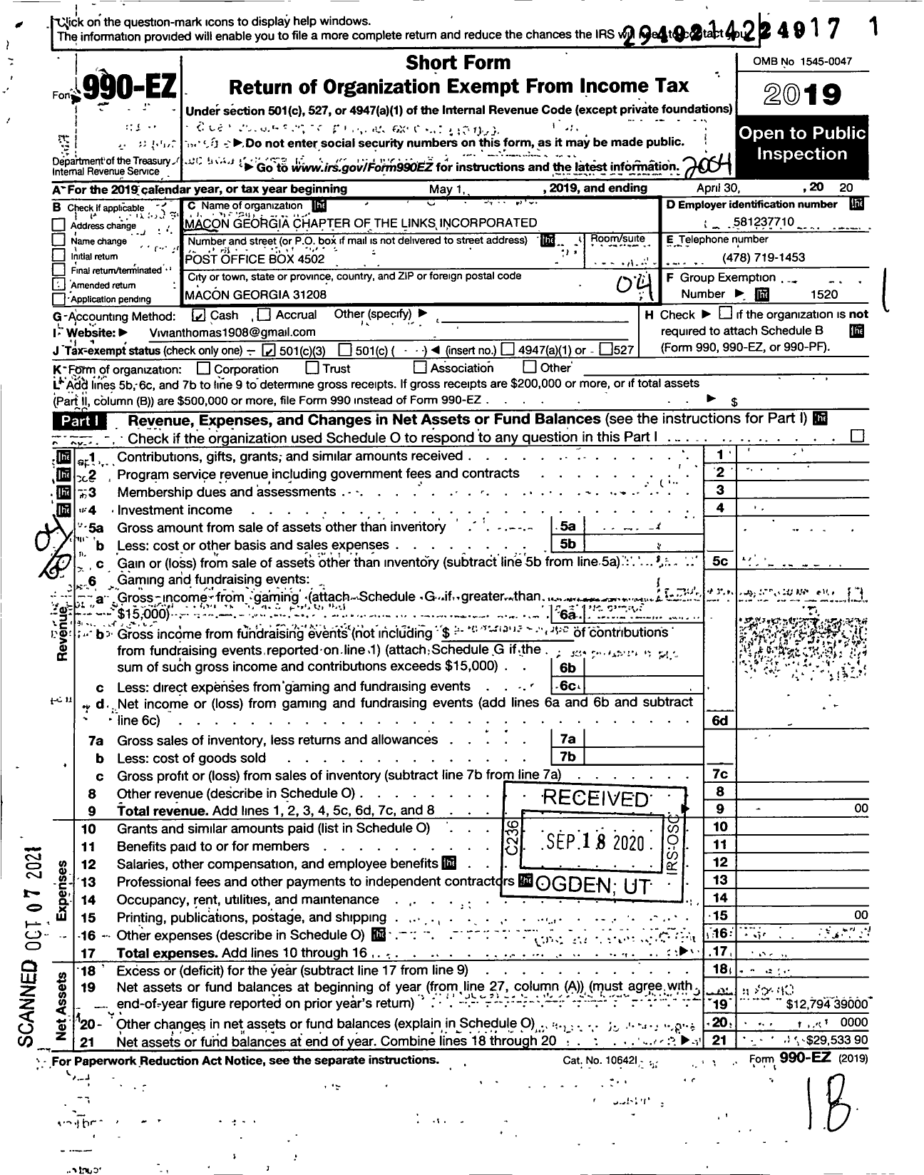 Image of first page of 2019 Form 990EO for Macon Ga Chapter of the Links Incorporated