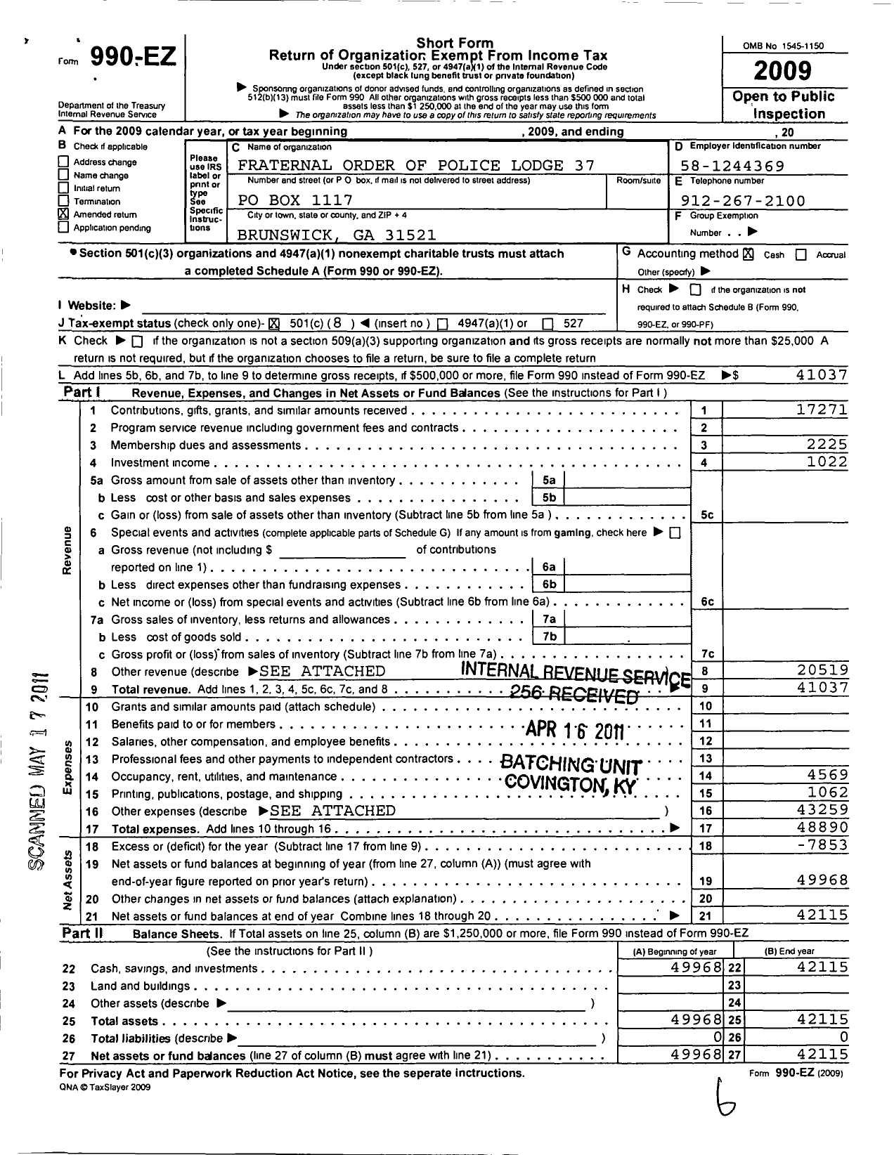 Image of first page of 2009 Form 990EO for Fraternal Order of Police - The Fop Ed Dixon Mem LDG 37