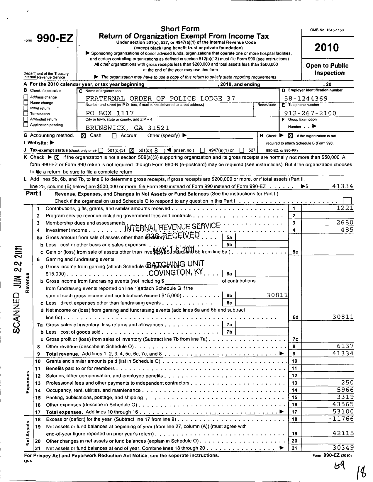 Image of first page of 2010 Form 990EO for Fraternal Order of Police - The Fop Ed Dixon Mem LDG 37