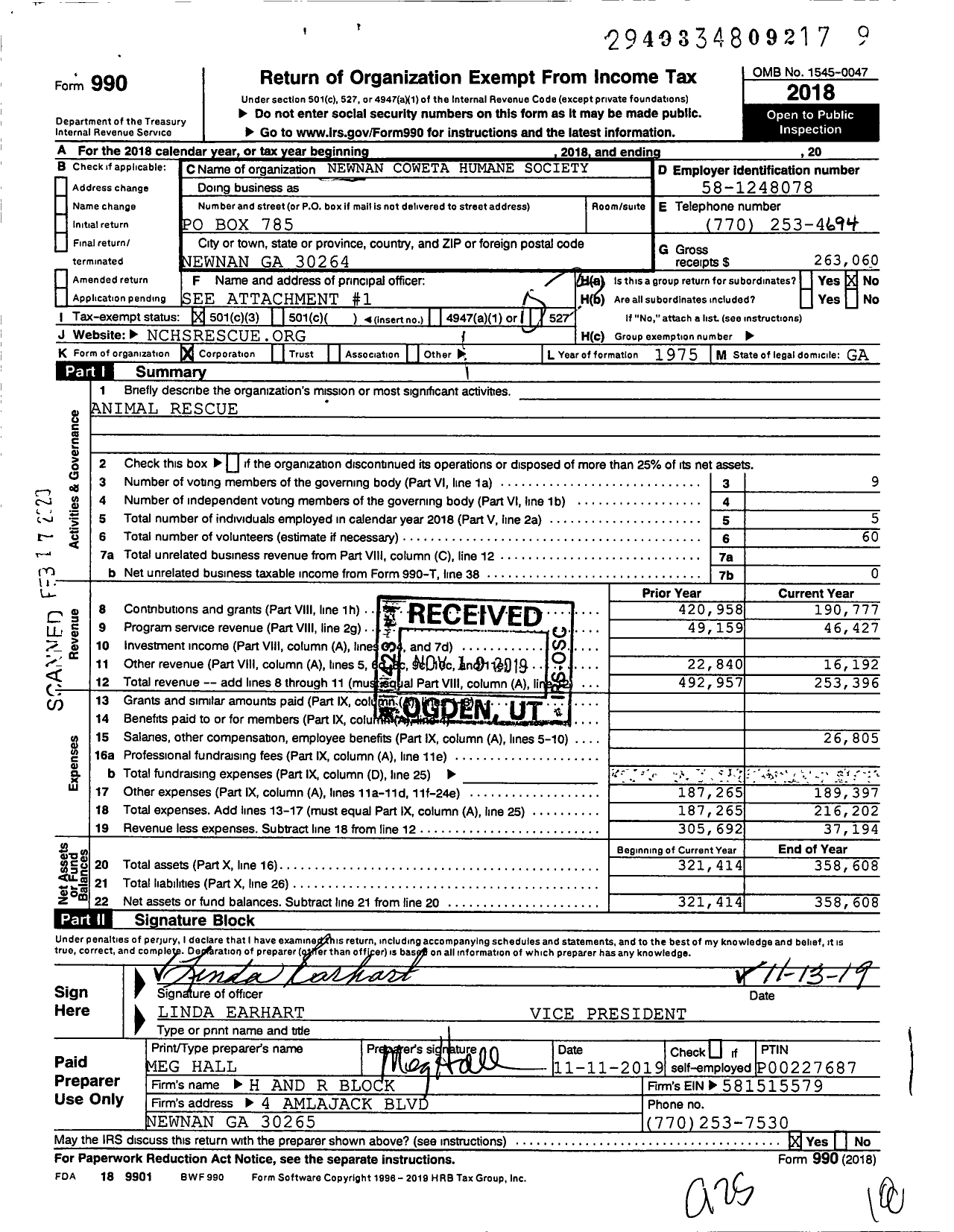 Image of first page of 2018 Form 990 for Newnan Coweta Humane Society