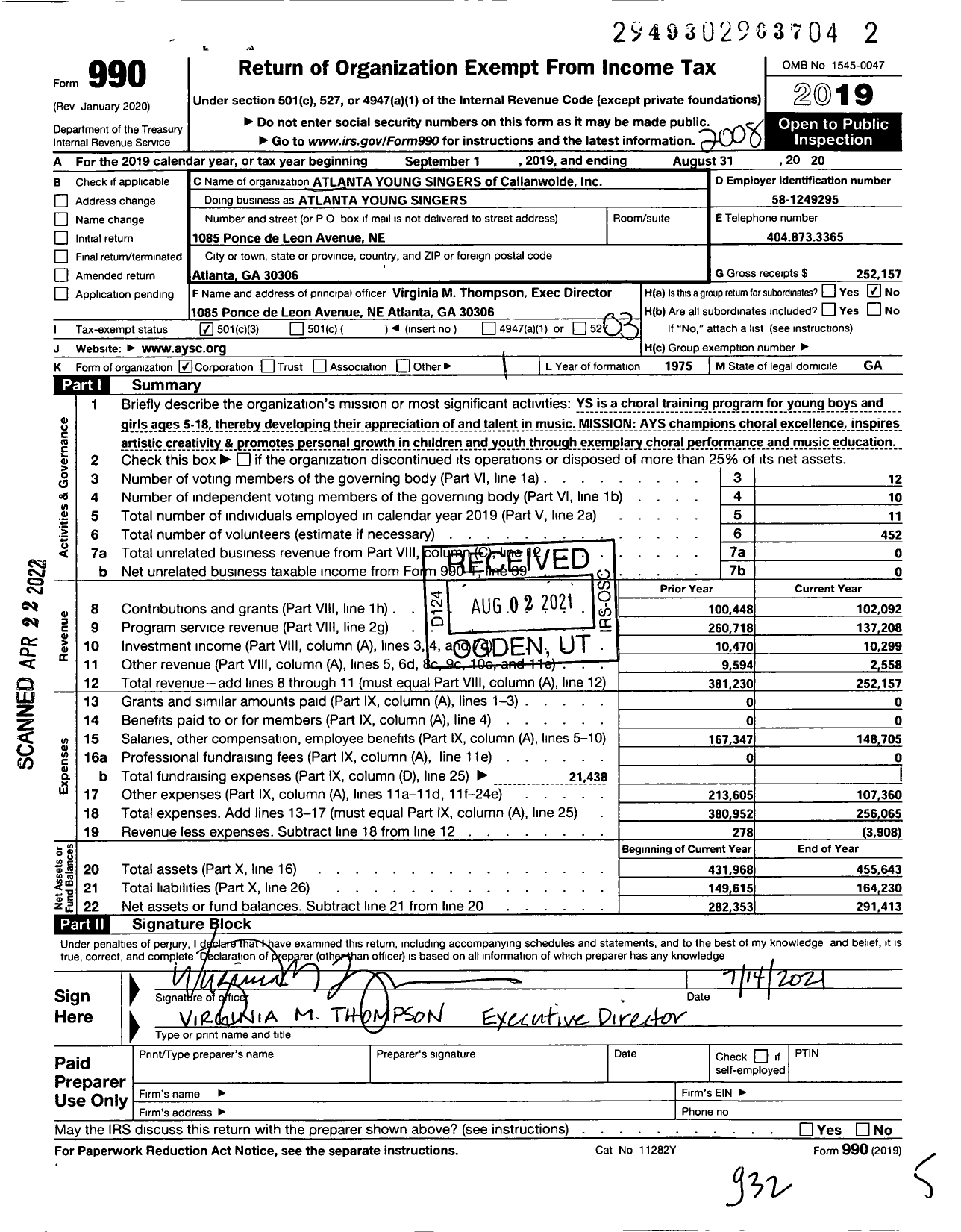 Image of first page of 2019 Form 990 for Atlanta Young Singers