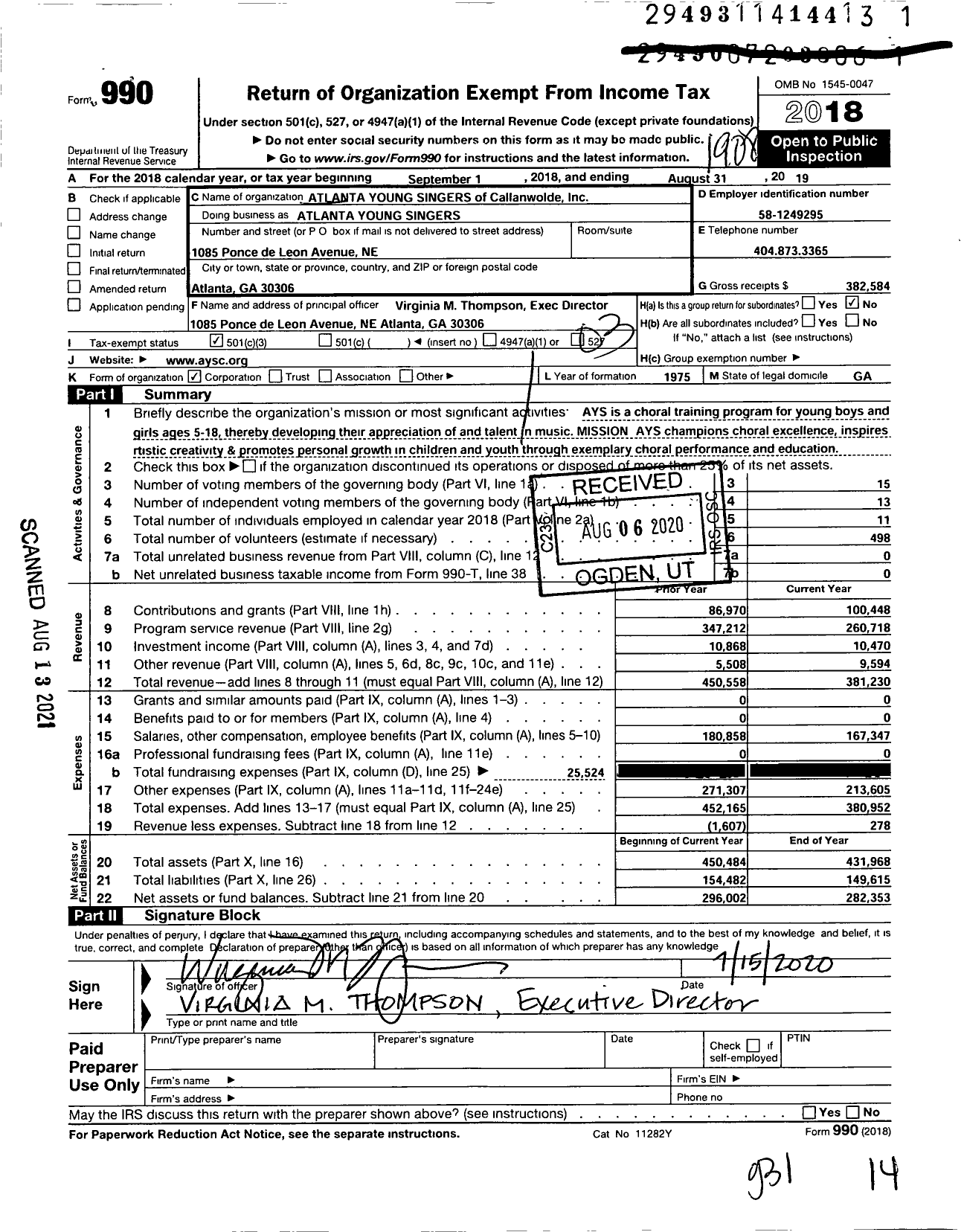 Image of first page of 2018 Form 990 for Atlanta Young Singers