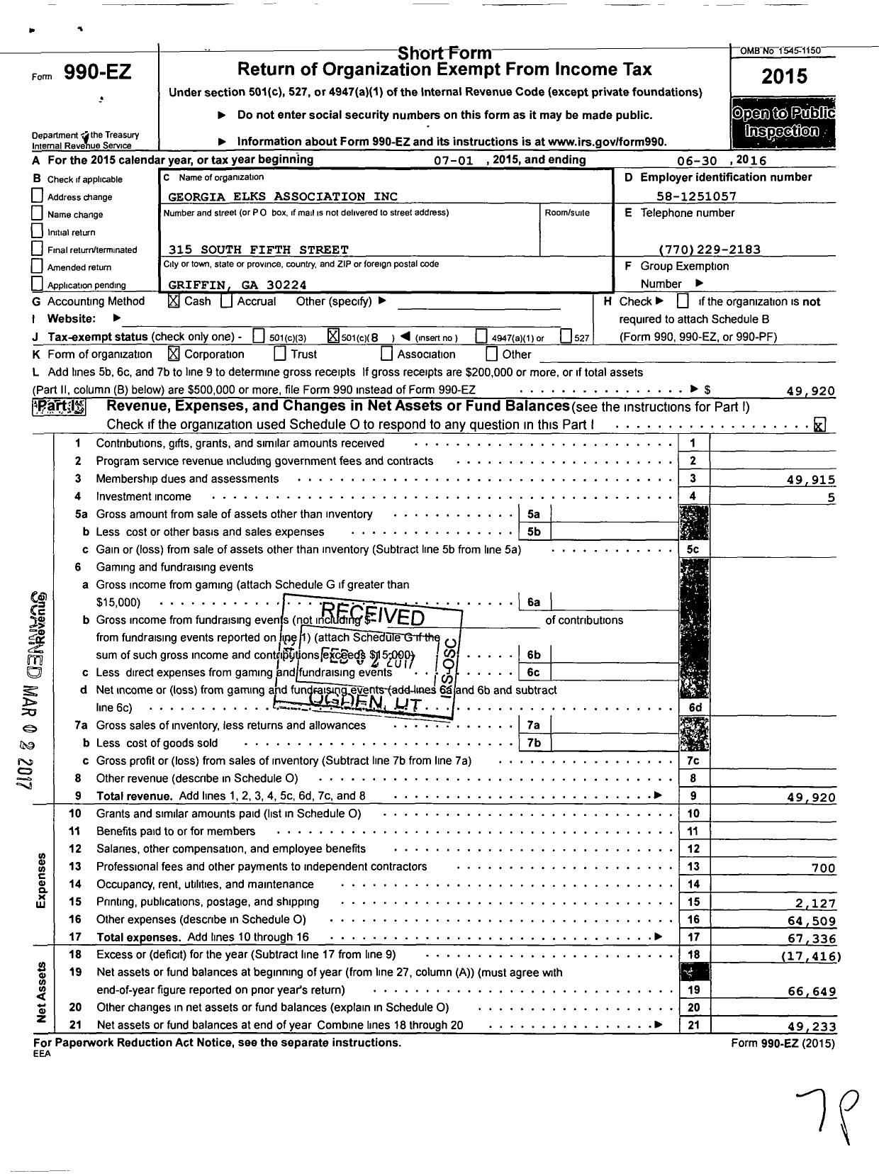 Image of first page of 2015 Form 990EO for Benevolent and Protective Order of Elks - 2727 Cherokee