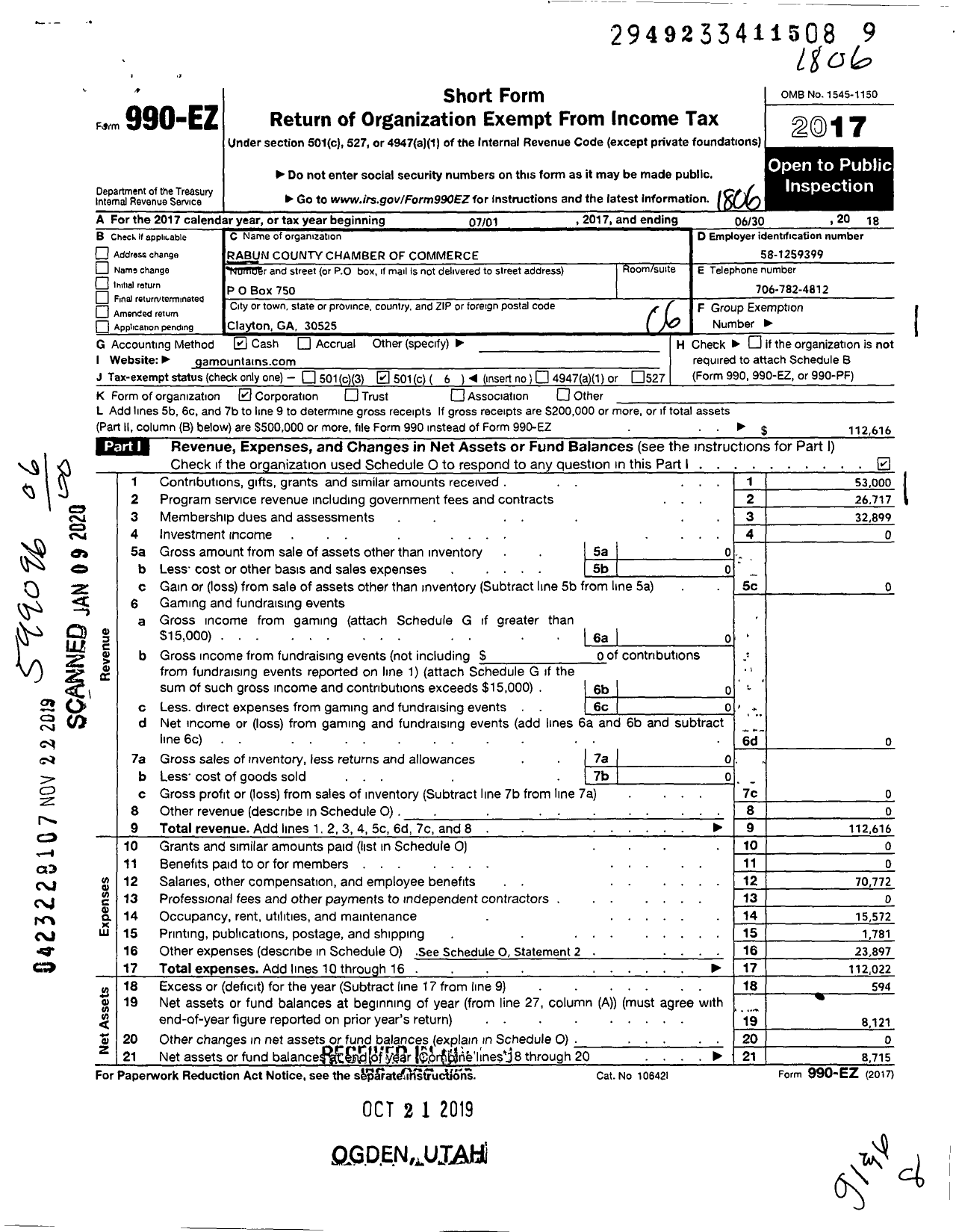 Image of first page of 2017 Form 990EO for Rabun County Chamber of Commerce