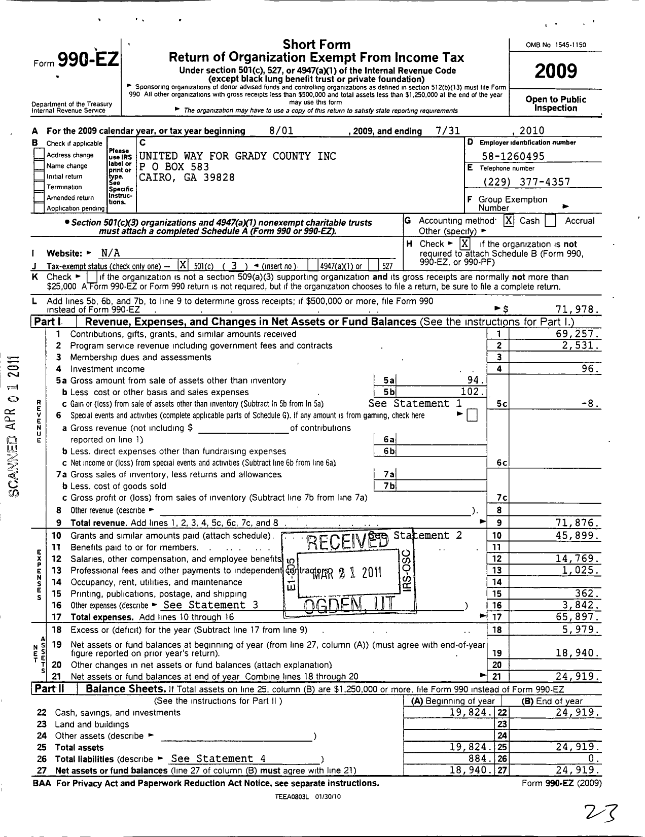 Image of first page of 2009 Form 990EZ for United Way for Grady County