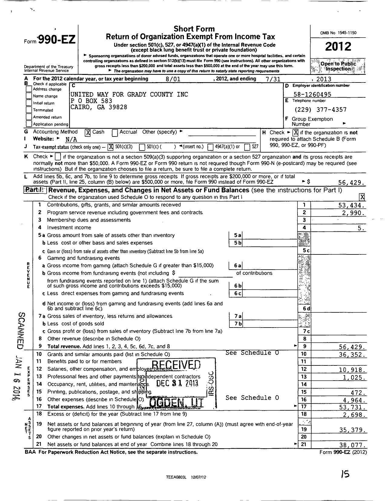 Image of first page of 2012 Form 990EZ for United Way for Grady County