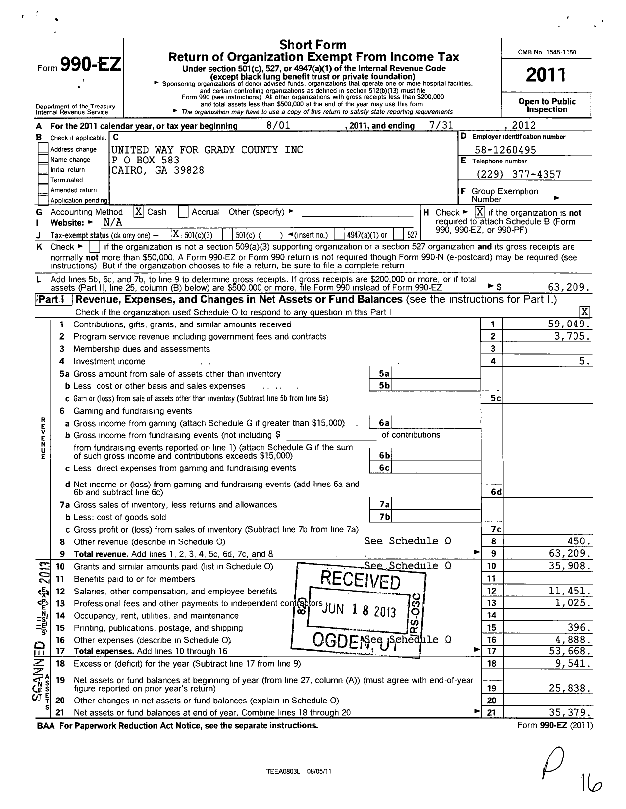 Image of first page of 2011 Form 990EZ for United Way for Grady County