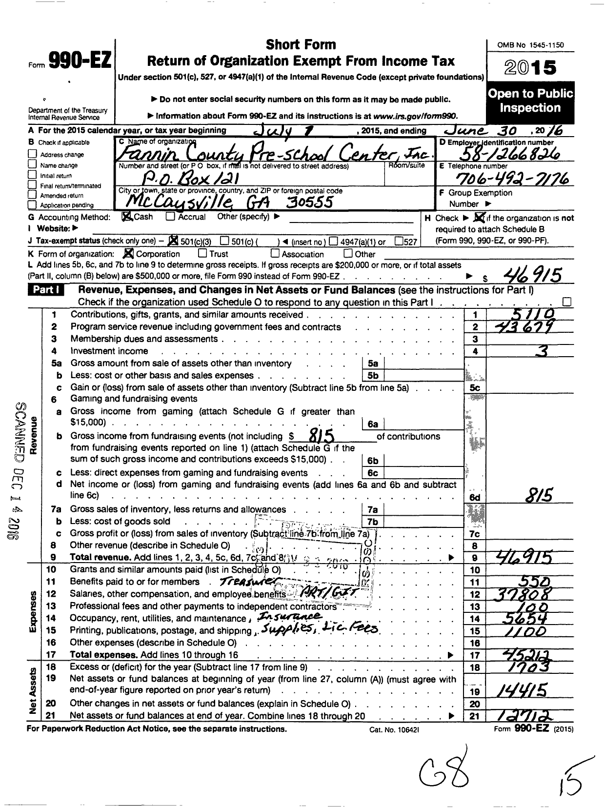 Image of first page of 2015 Form 990EZ for Fannin County Pre-School Center