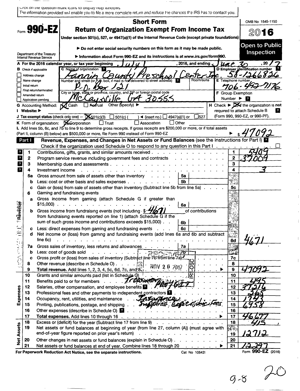 Image of first page of 2016 Form 990EZ for Fannin County Pre-School Center