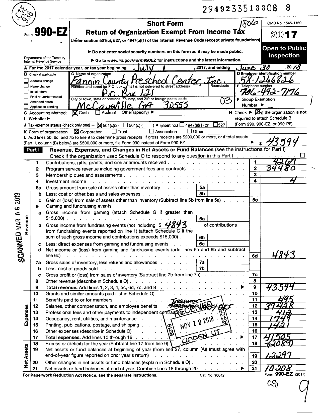 Image of first page of 2017 Form 990EZ for Fannin County Pre-School Center