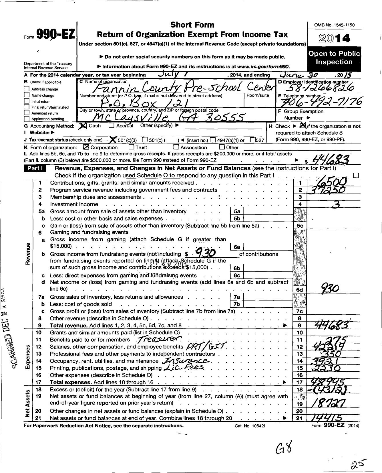 Image of first page of 2014 Form 990EZ for Fannin County Pre-School Center