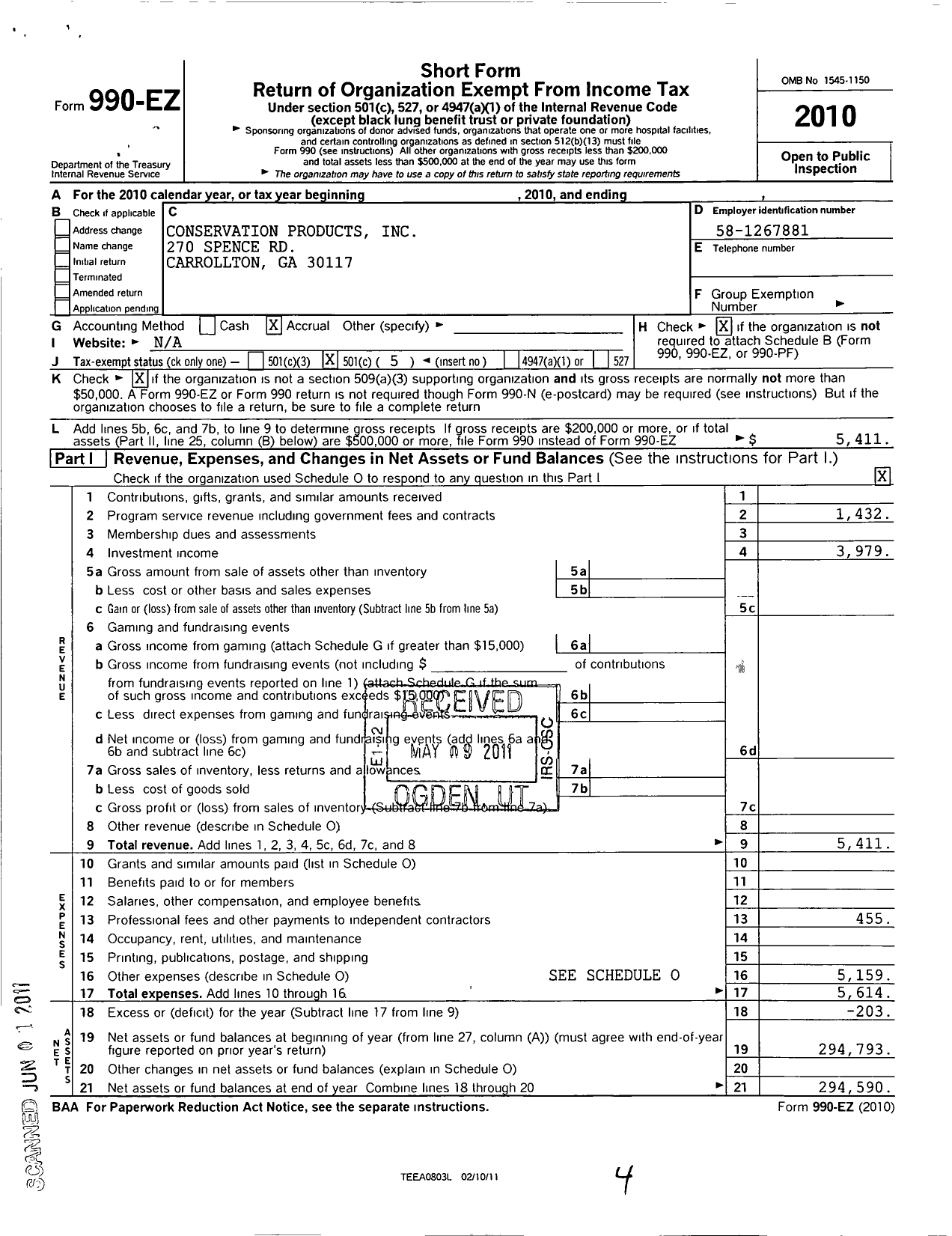 Image of first page of 2010 Form 990EO for Conservation Products