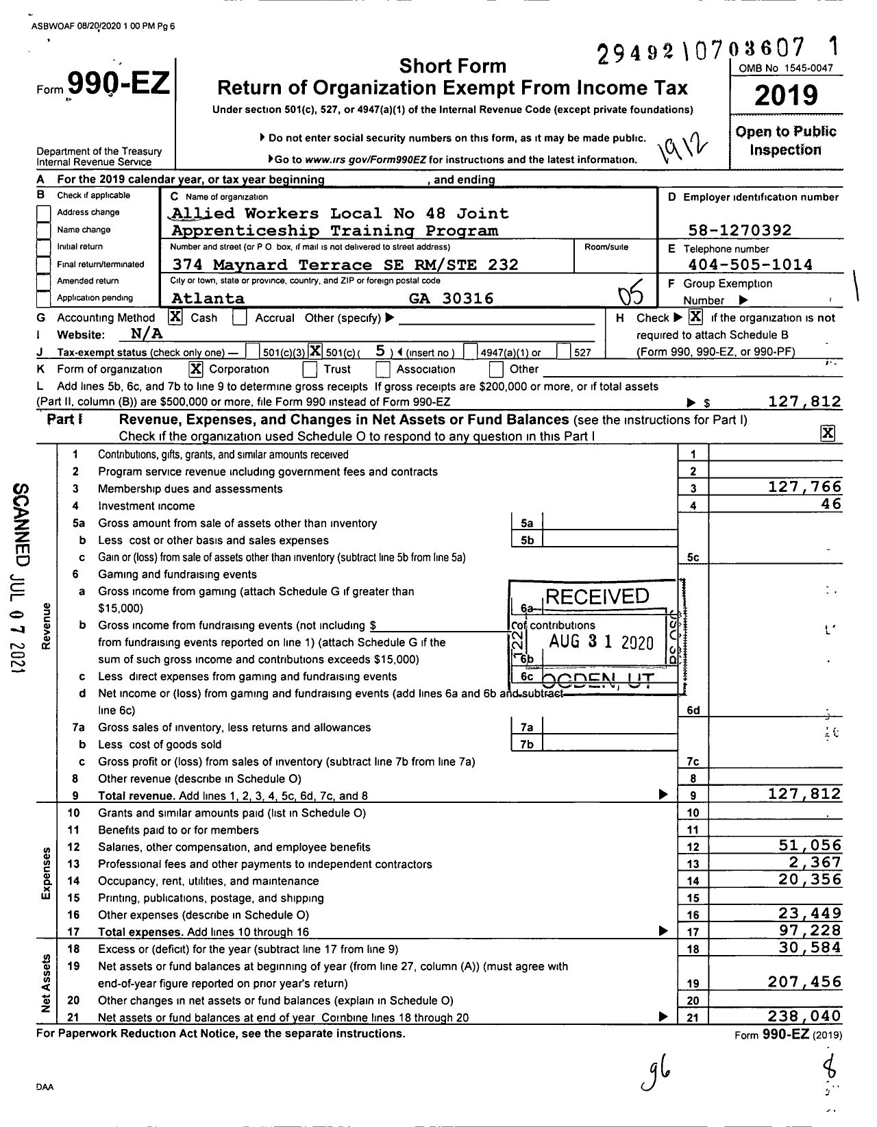 Image of first page of 2019 Form 990EO for International Association of Heat and Frost Insulators and Allied Workers - 48 Local