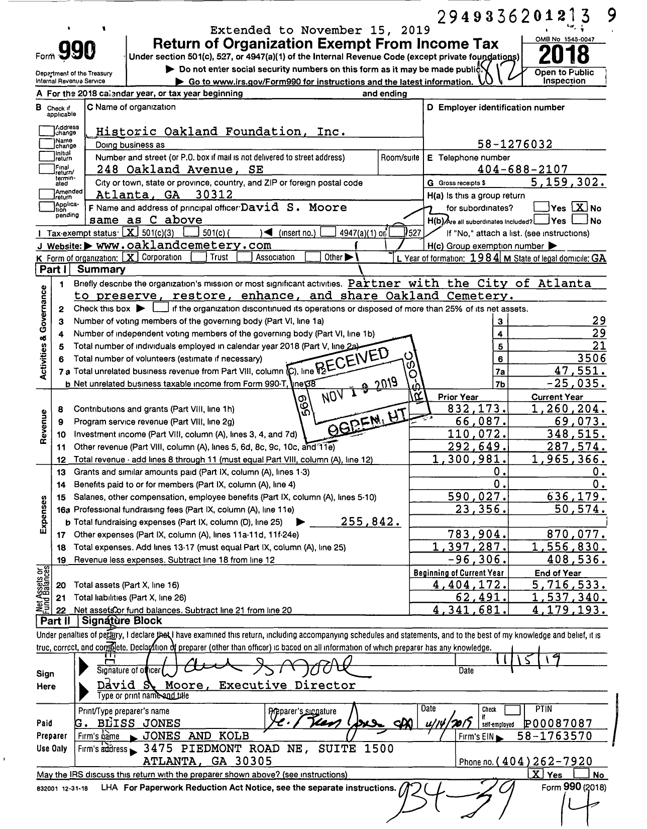 Image of first page of 2018 Form 990 for Historic Oakland Foundation