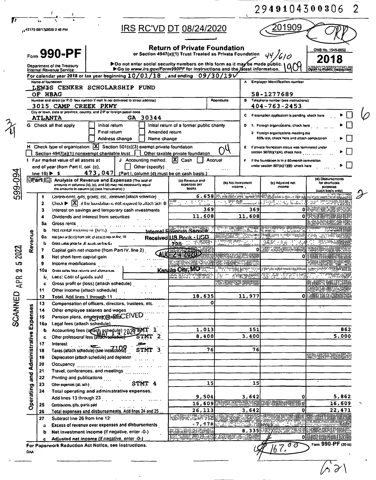 Image of first page of 2018 Form 990PF for Lewis Cenker Scholarship Fund of Hbag