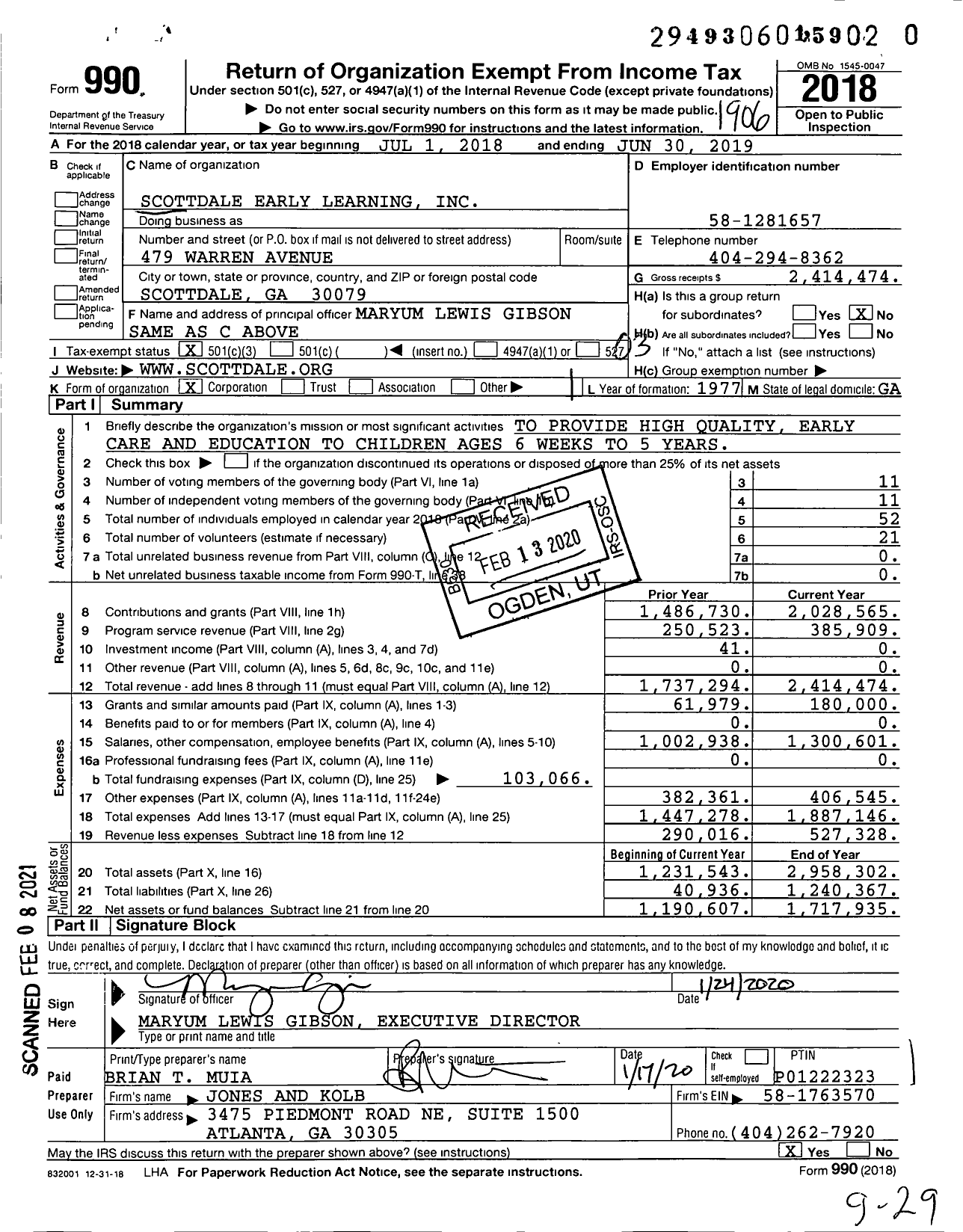 Image of first page of 2018 Form 990 for Scottdale Early Learning