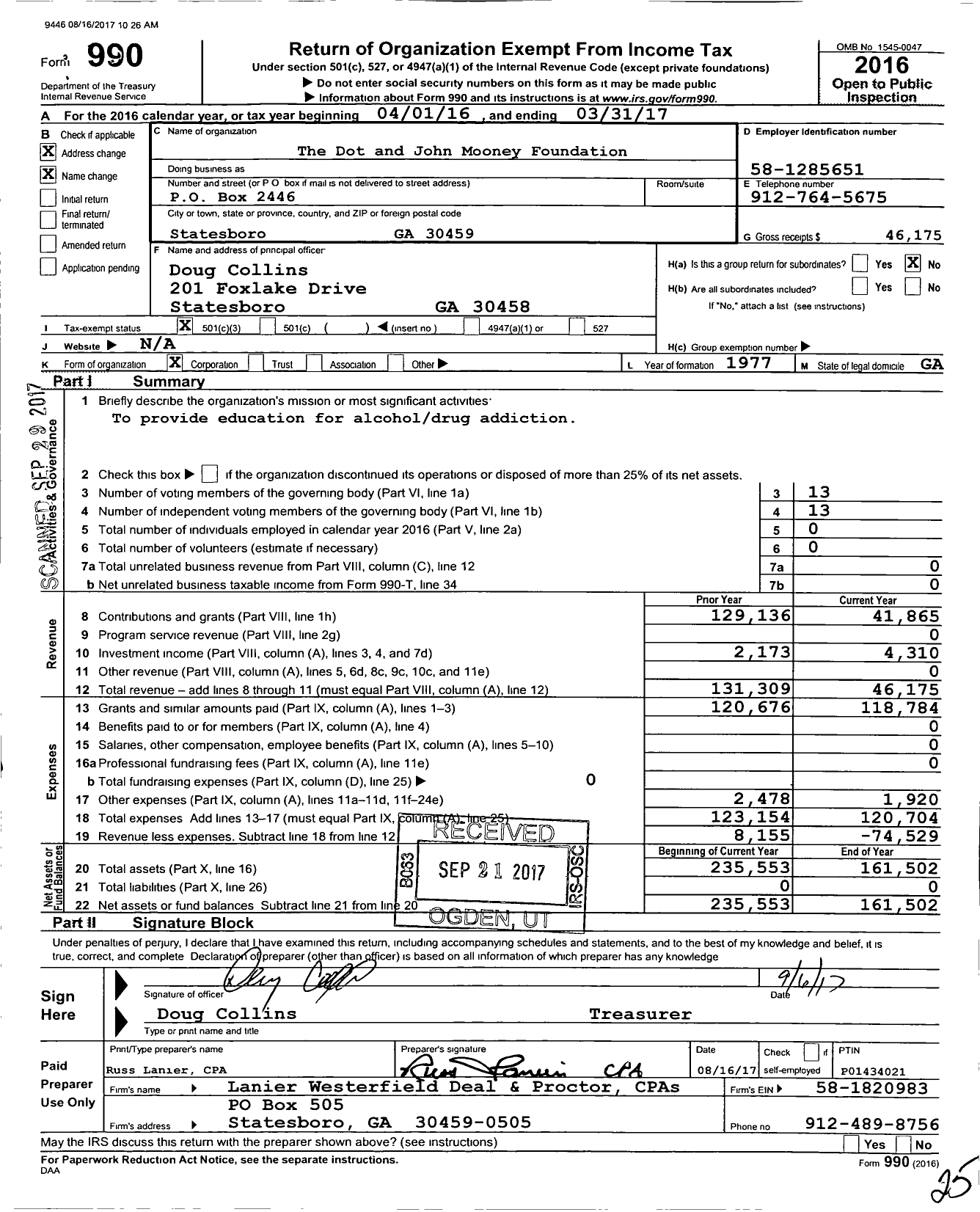 Image of first page of 2016 Form 990 for The Dot and John Mooney Foundation