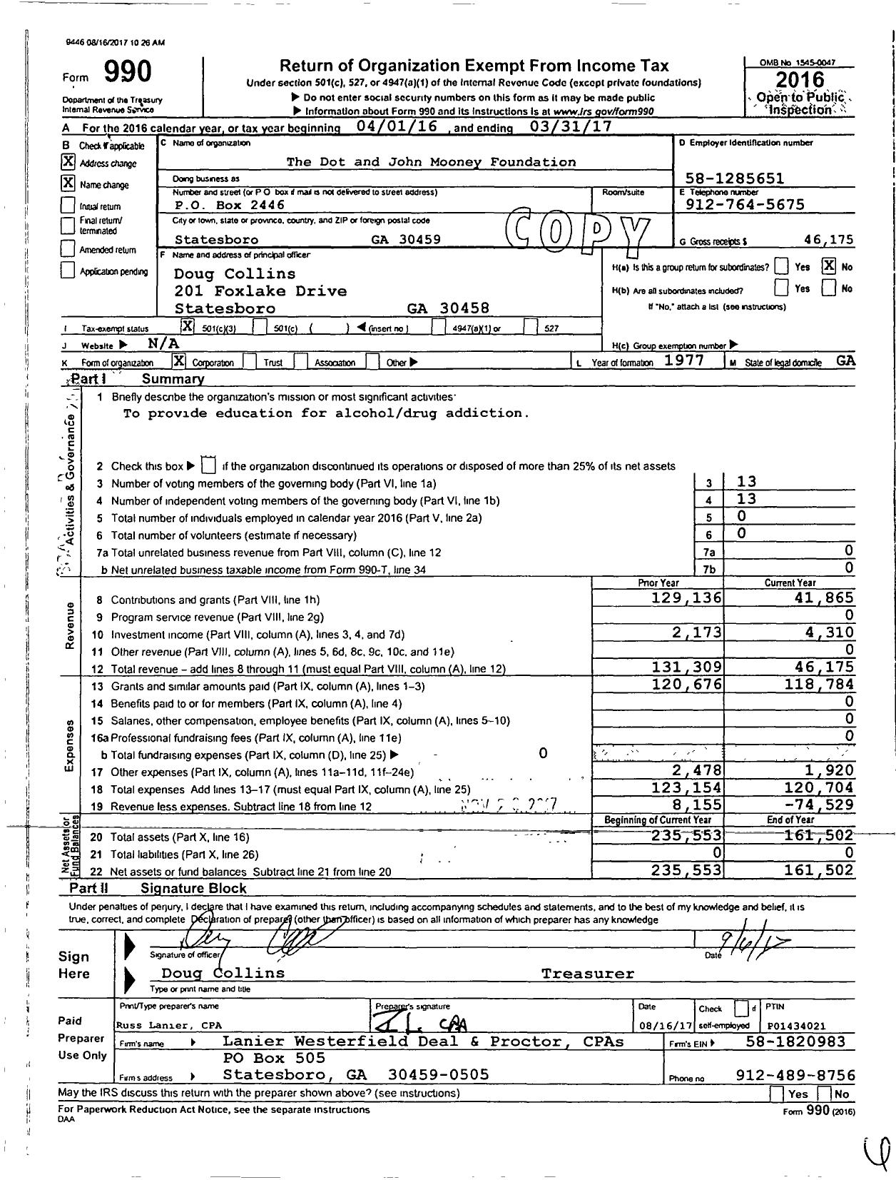 Image of first page of 2016 Form 990 for The Dot and John Mooney Foundation