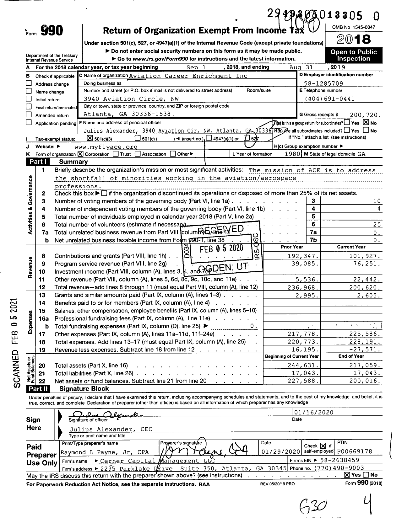 Image of first page of 2018 Form 990 for Aviation Career Enrichment