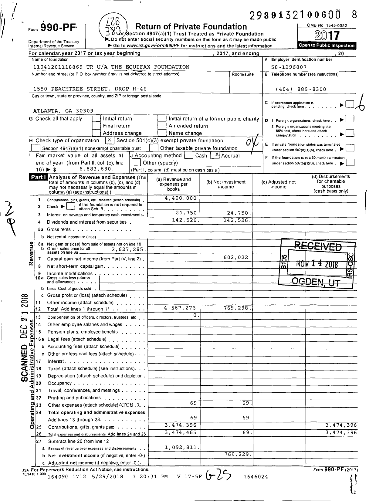 Image of first page of 2017 Form 990PF for Equifax Foundation