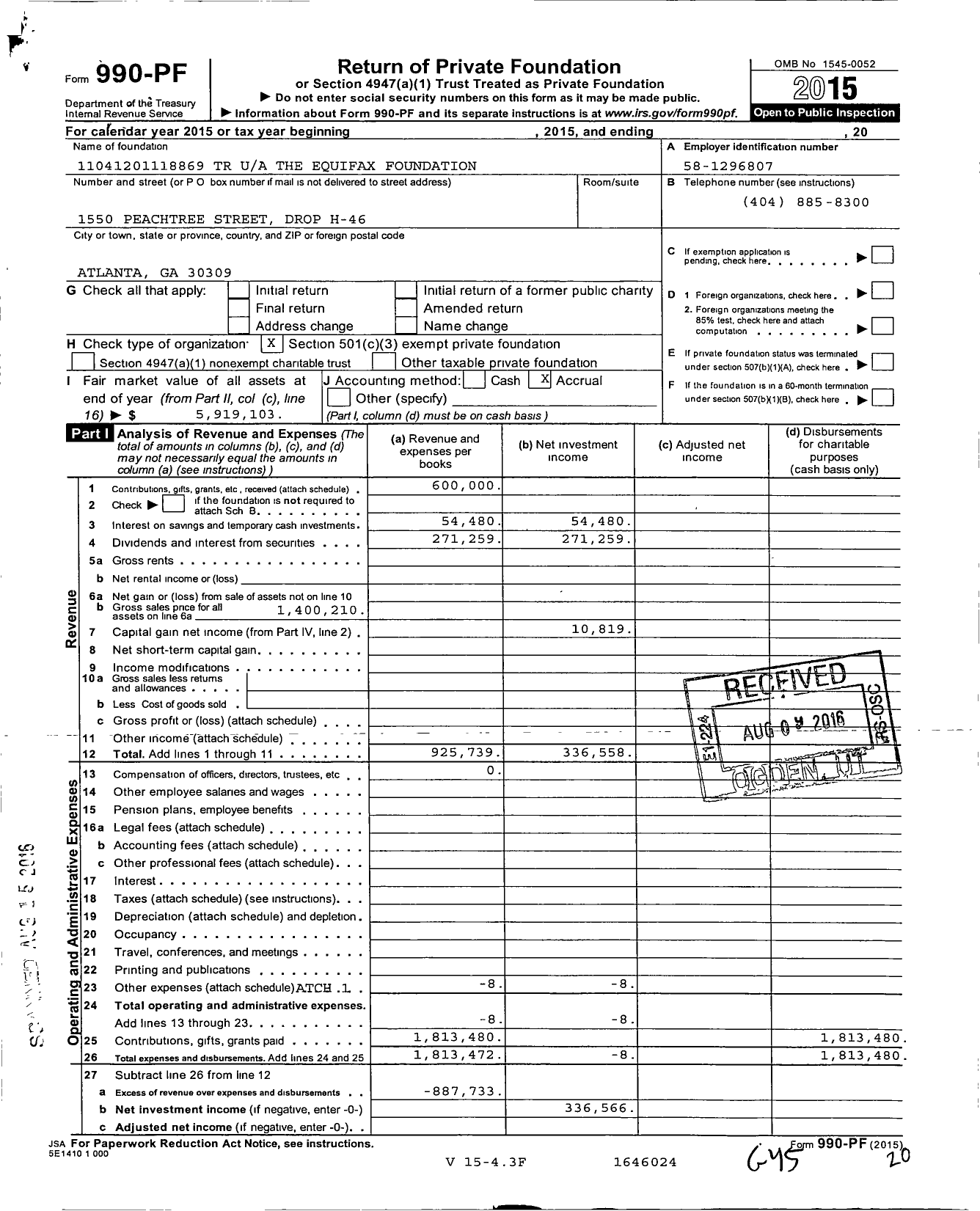 Image of first page of 2015 Form 990PF for Equifax Foundation