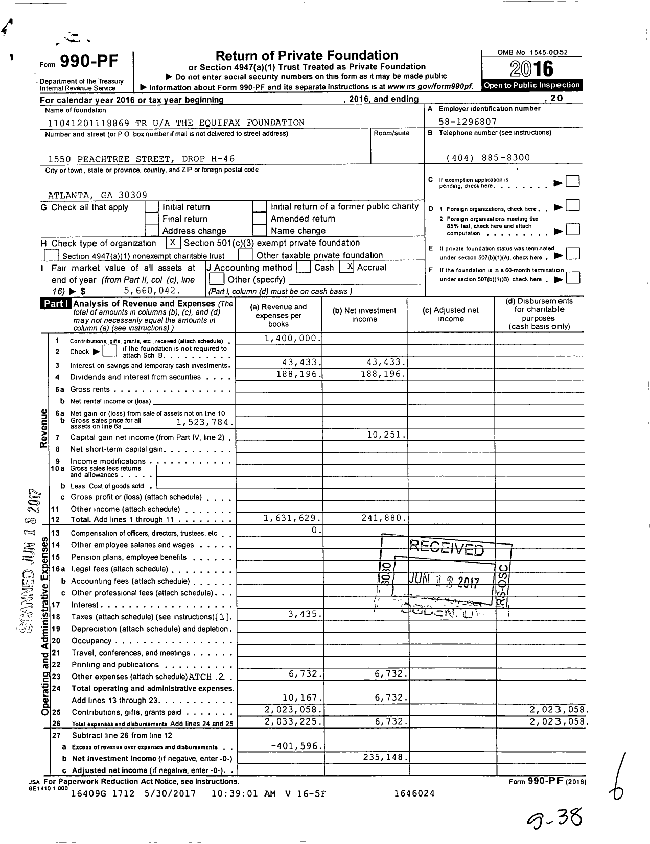 Image of first page of 2016 Form 990PF for Equifax Foundation