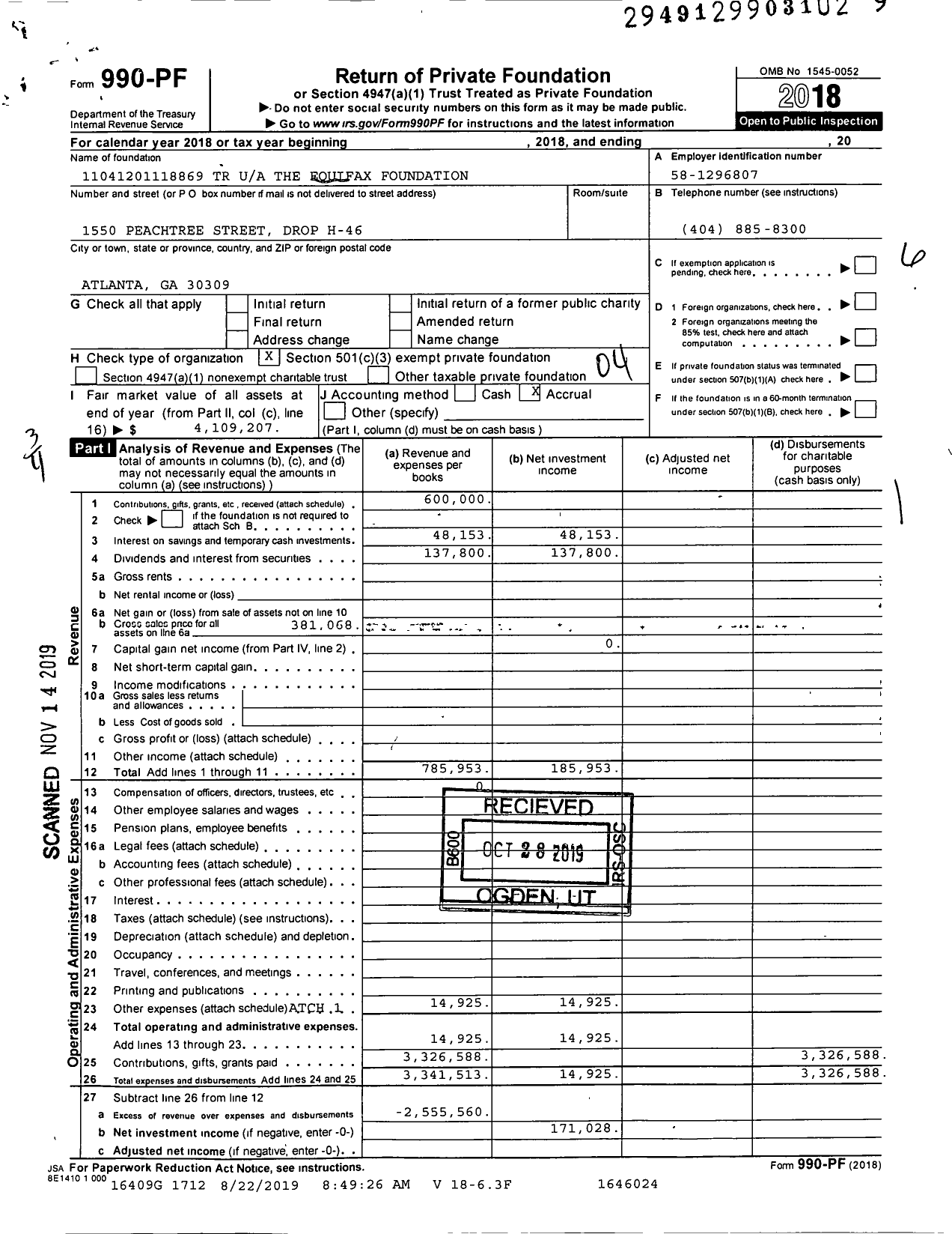 Image of first page of 2018 Form 990PF for Equifax Foundation