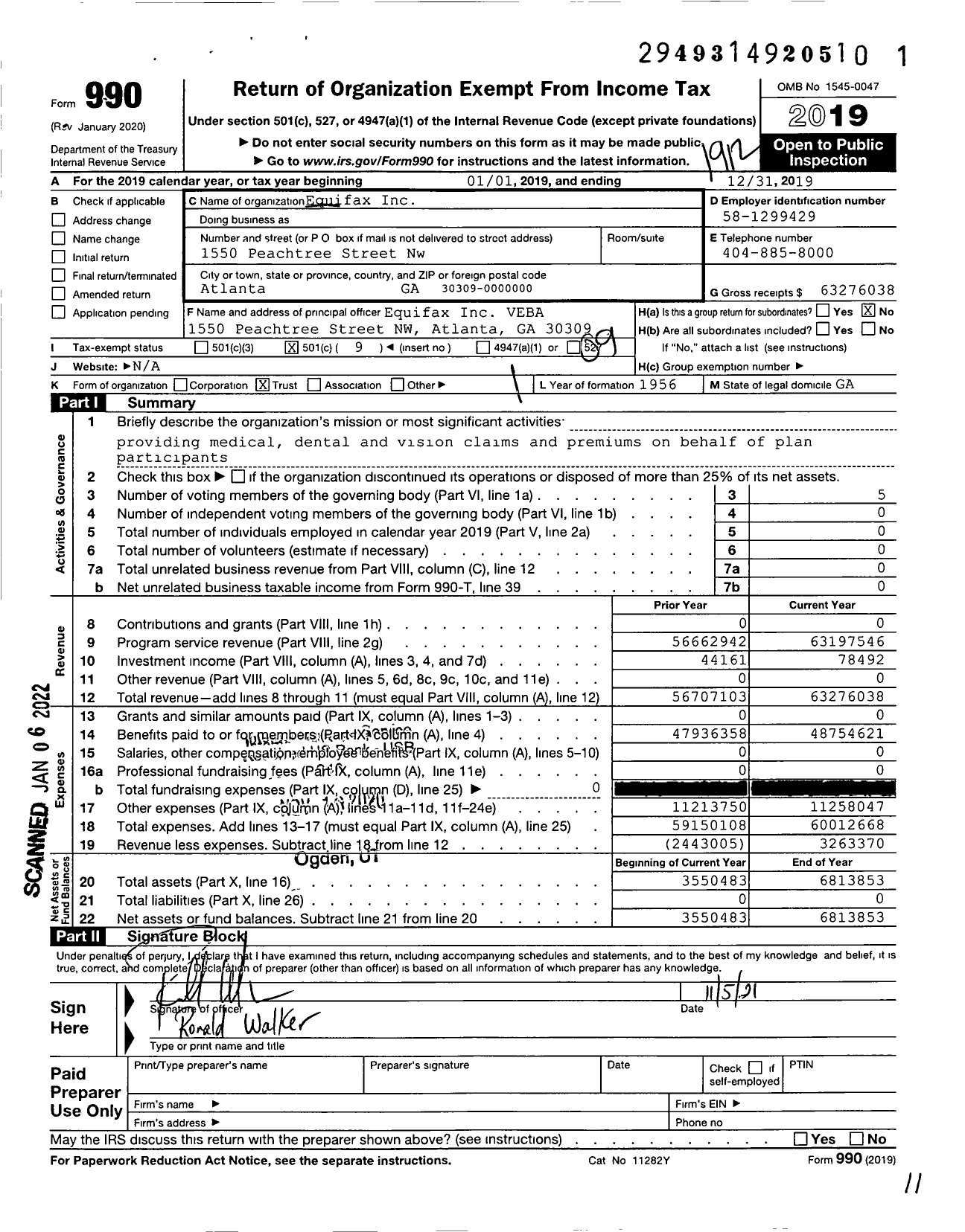 Image of first page of 2019 Form 990O for Equifax Voluntary Employees Beneficiary Association