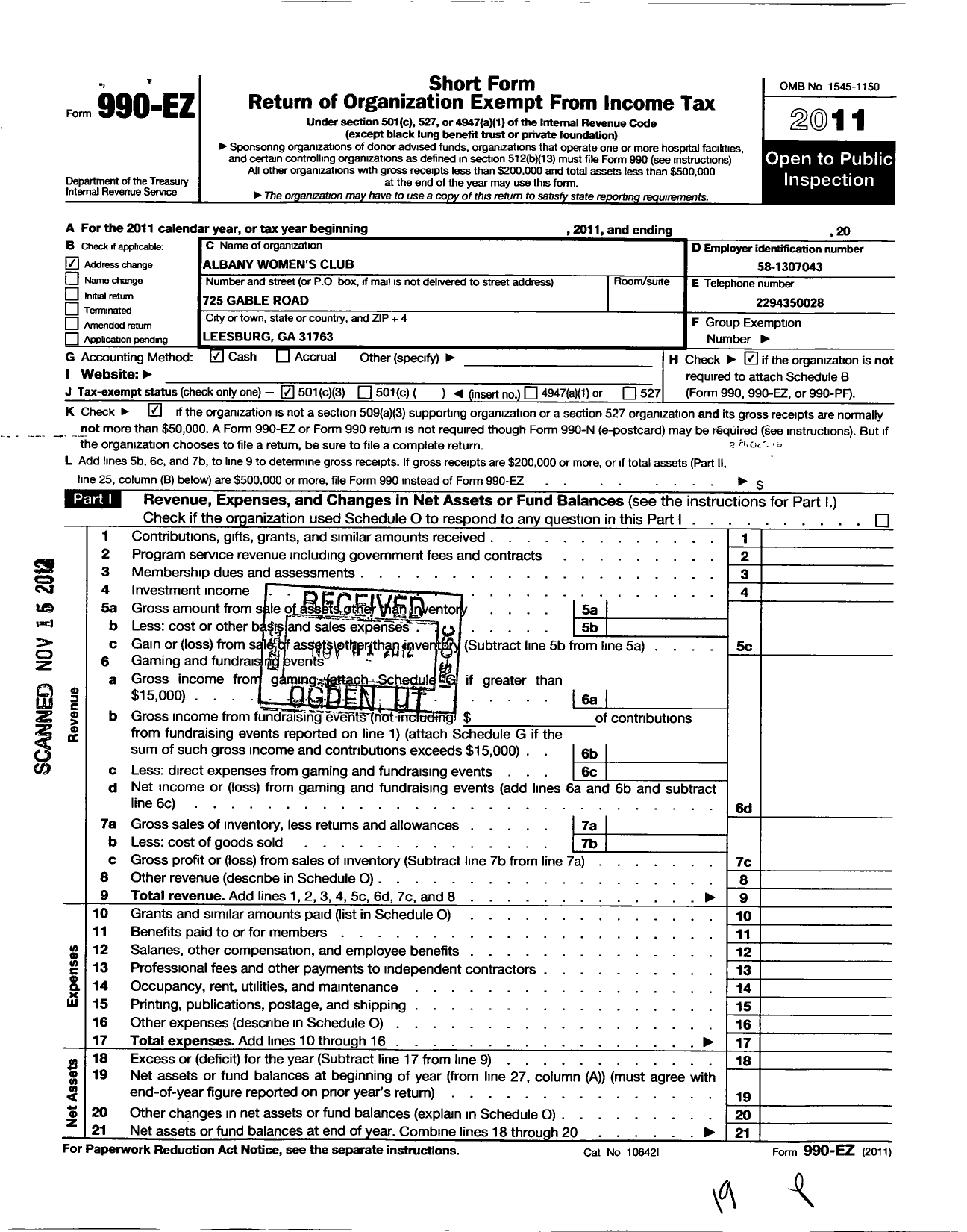 Image of first page of 2011 Form 990EZ for Albany Womans Club