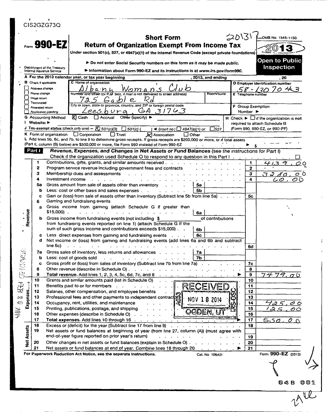 Image of first page of 2013 Form 990EZ for Albany Womans Club