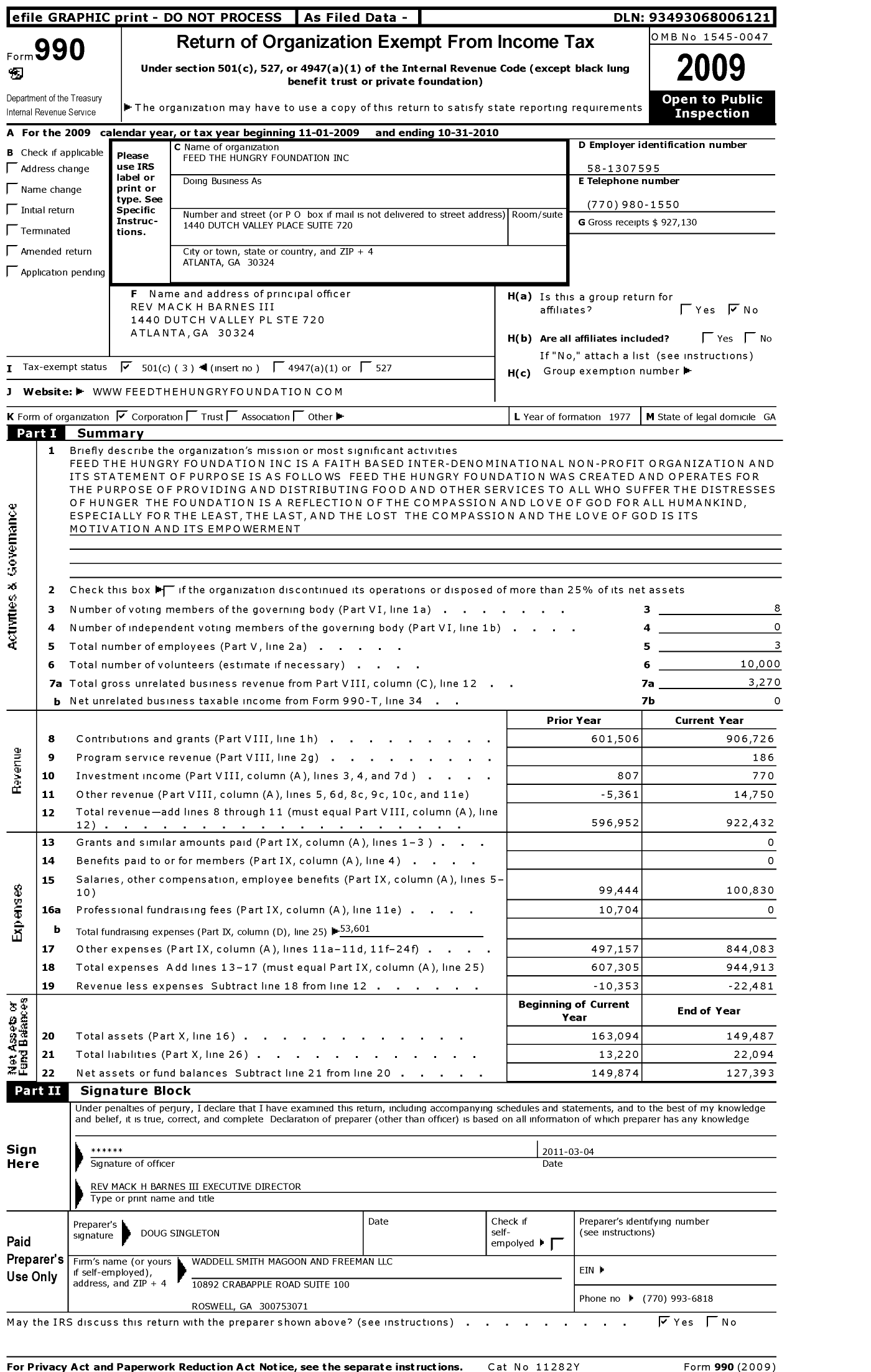 Image of first page of 2009 Form 990 for Feed the Hungry Foundation