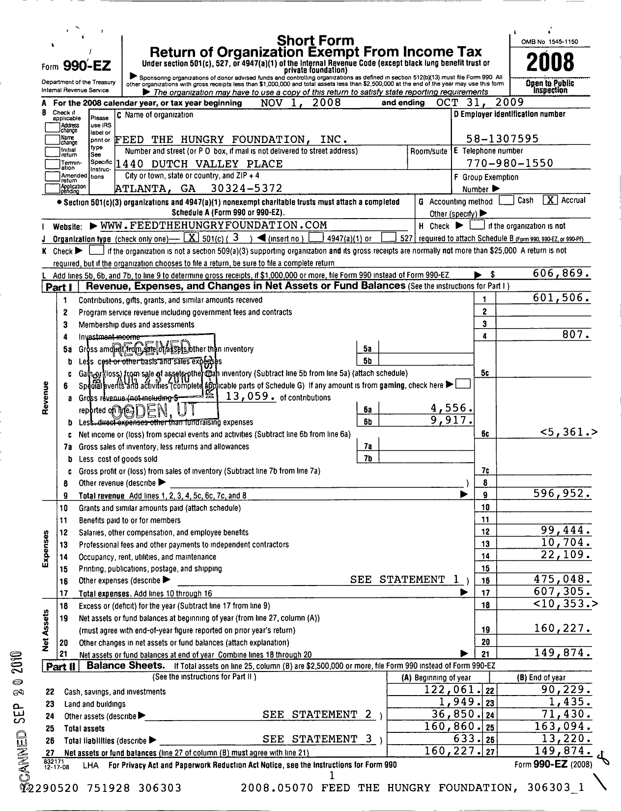 Image of first page of 2008 Form 990EZ for Feed the Hungry Foundation