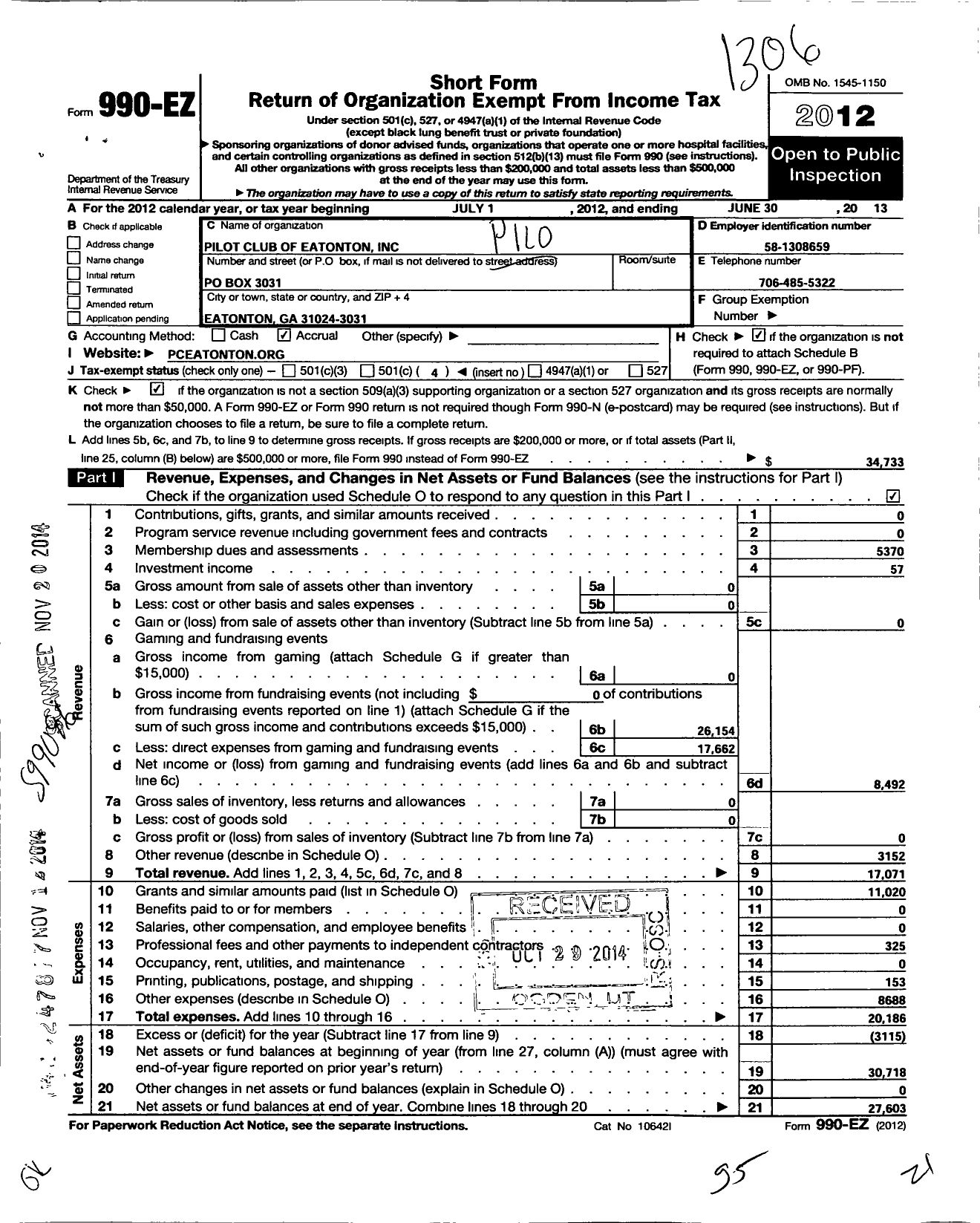 Image of first page of 2012 Form 990EO for The Pilot Club of Eatonton