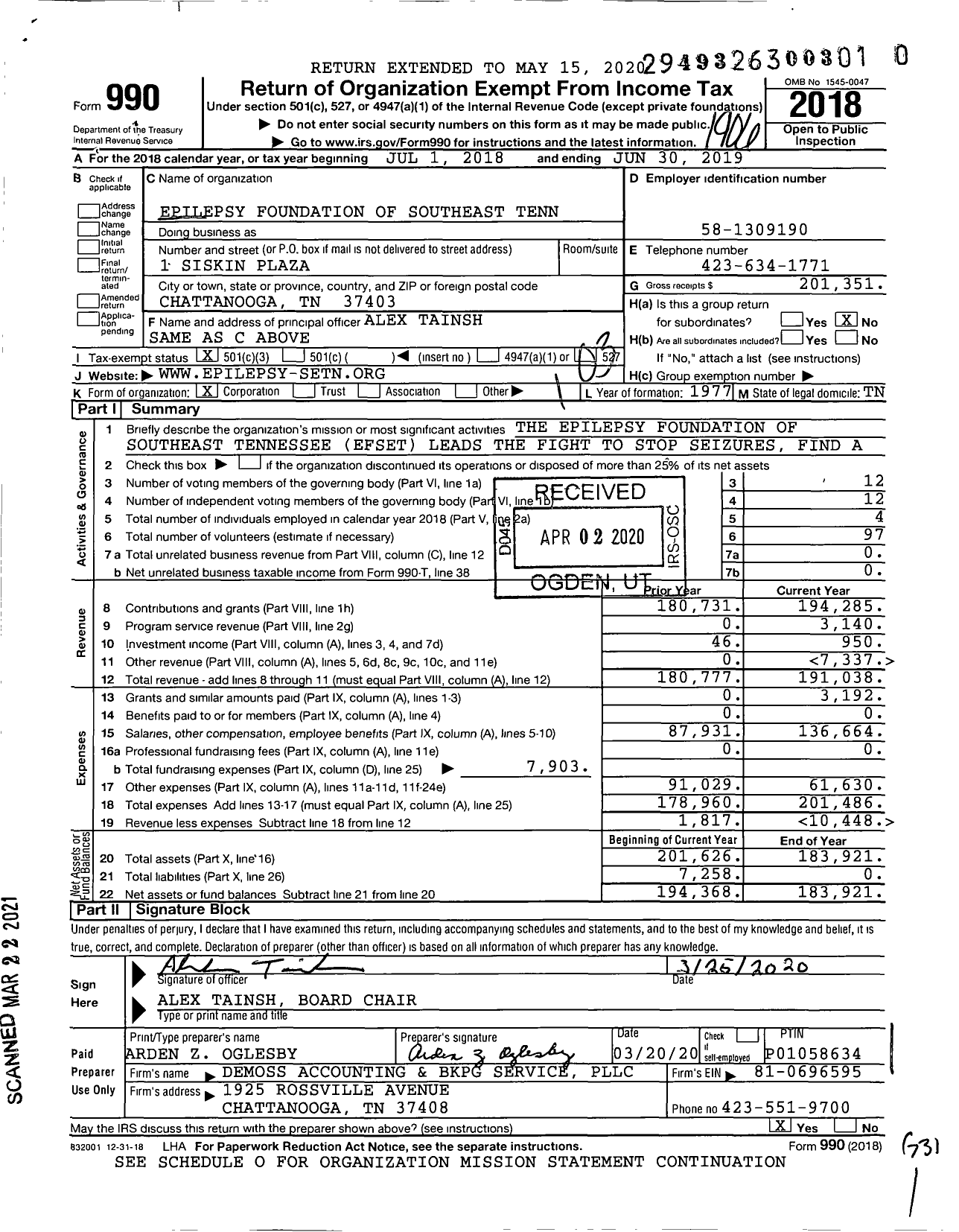 Image of first page of 2018 Form 990 for Epilepsy Foundation of Southeast Tennessee