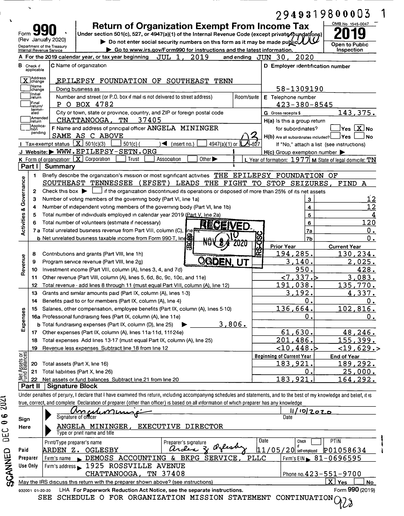 Image of first page of 2019 Form 990 for Epilepsy Foundation of Southeast Tennessee