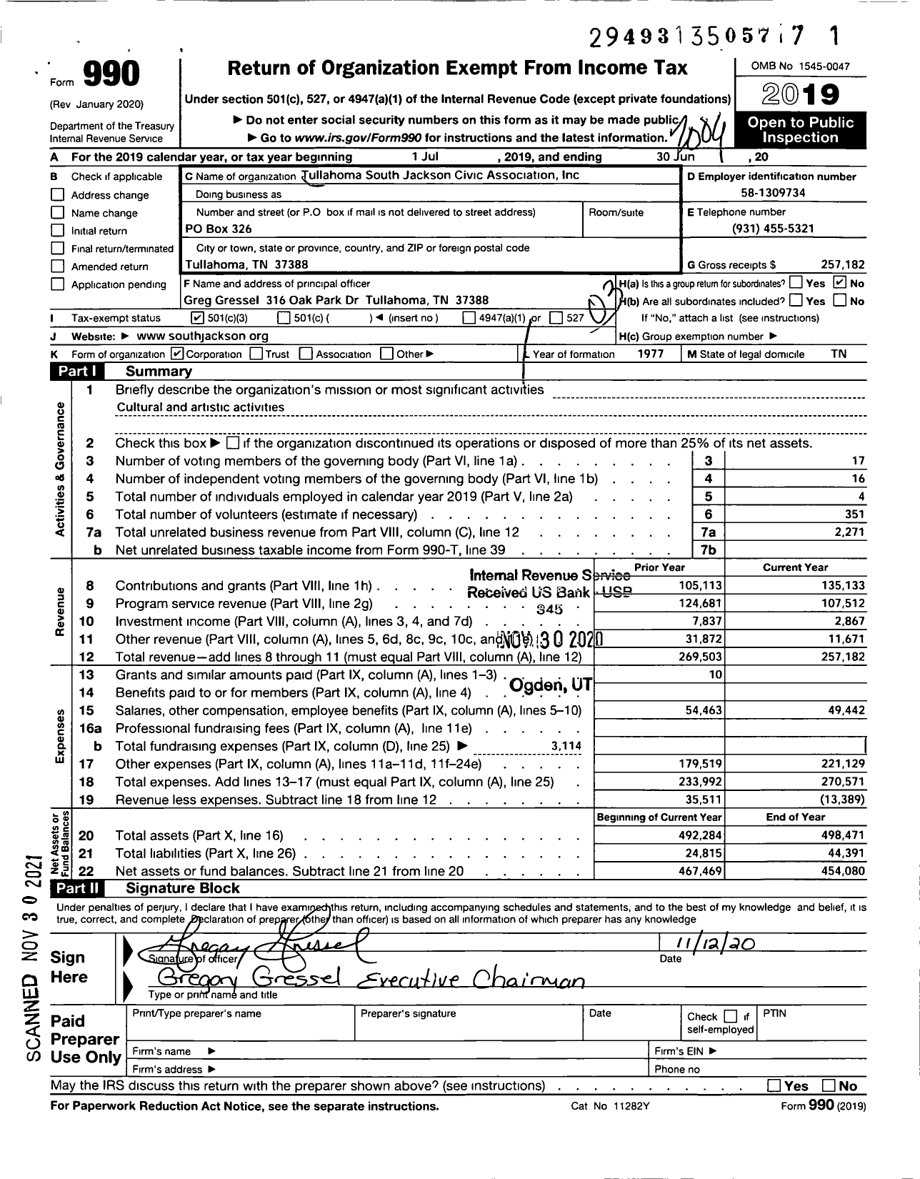 Image of first page of 2019 Form 990 for Tullahoma South Jackson Civic Association