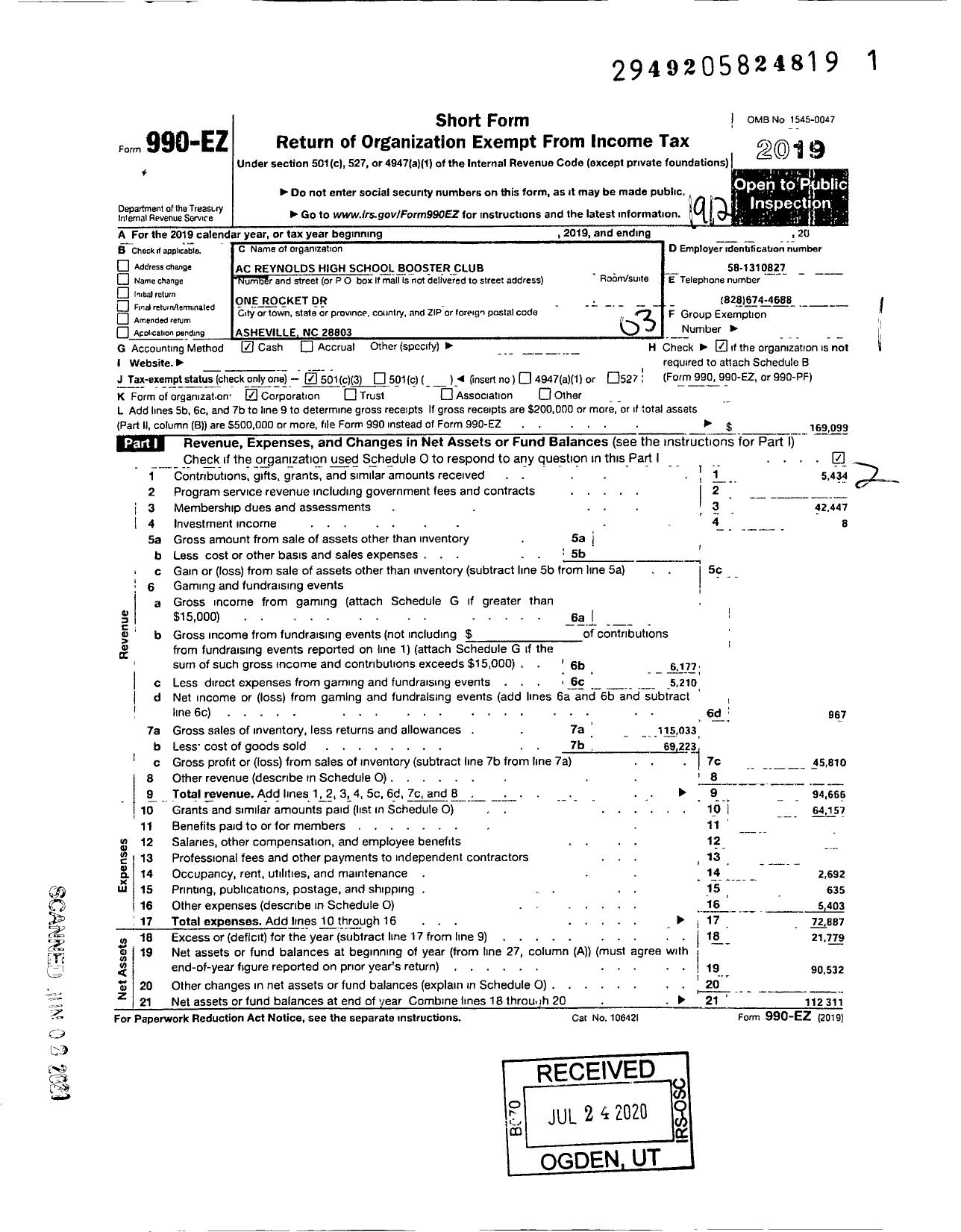 Image of first page of 2019 Form 990EZ for The A C Reynolds High School Boosters Club