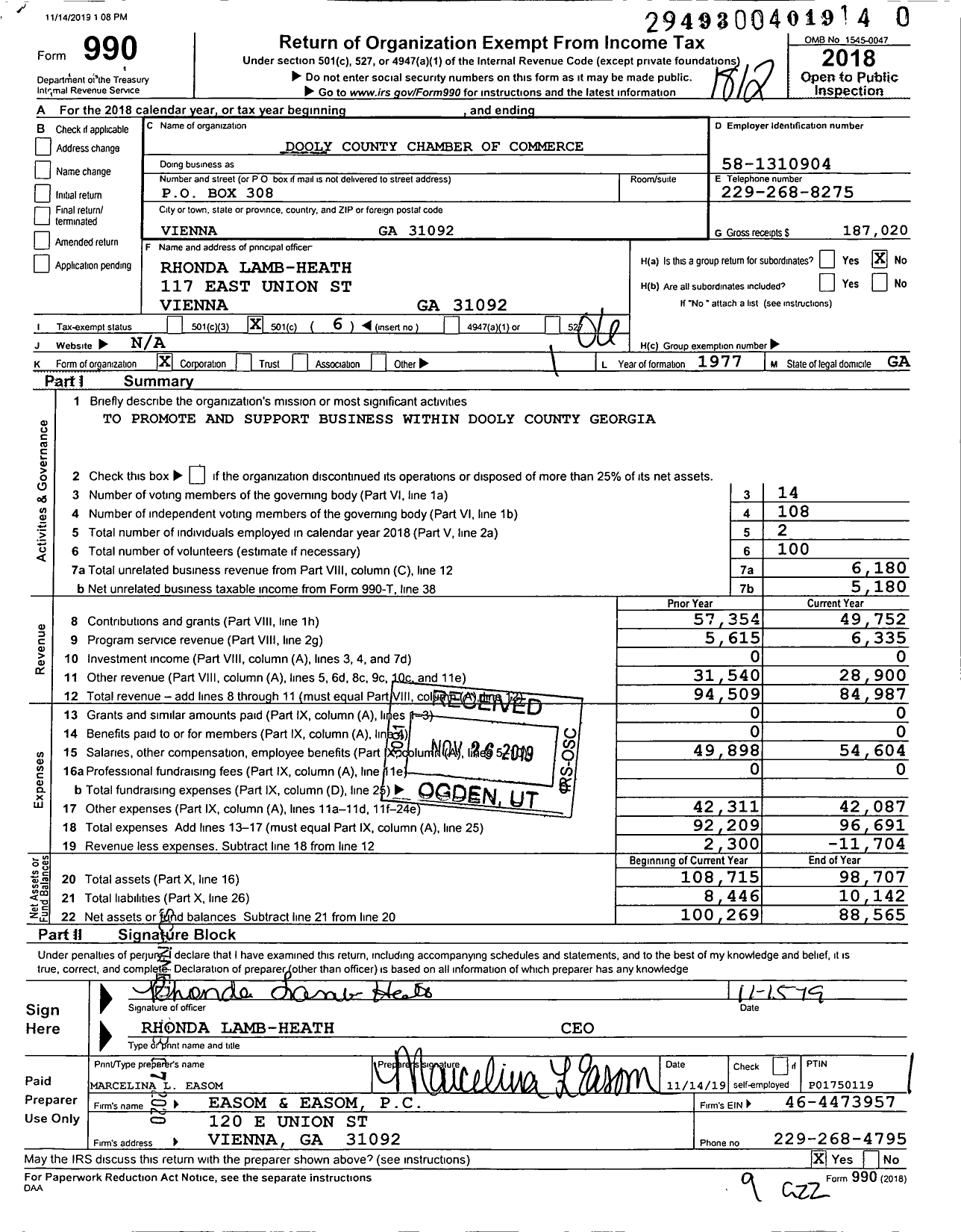 Image of first page of 2018 Form 990O for Dooly County Chamber of Commerce