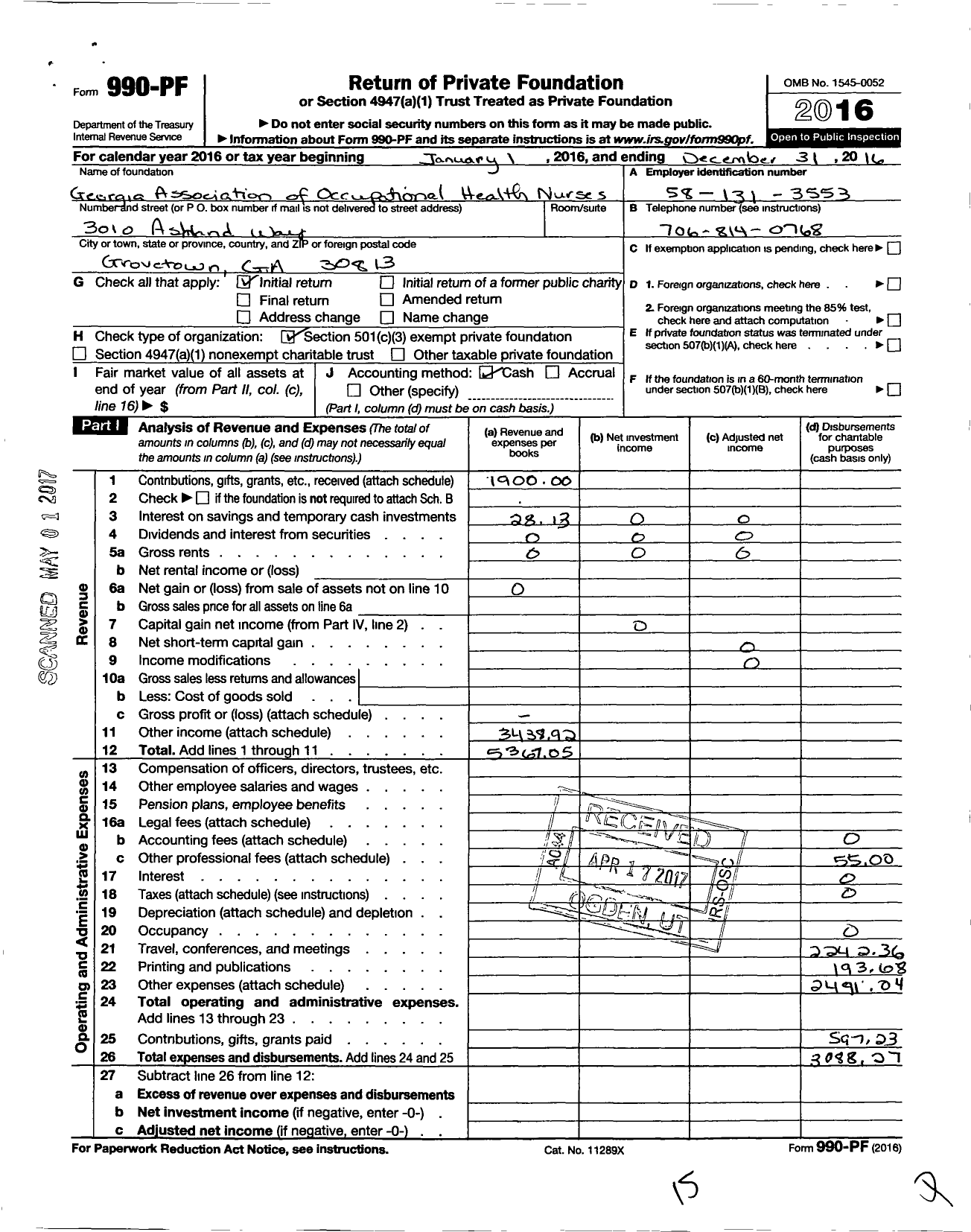 Image of first page of 2016 Form 990PF for Georgia Association of Occupational Health Nurses