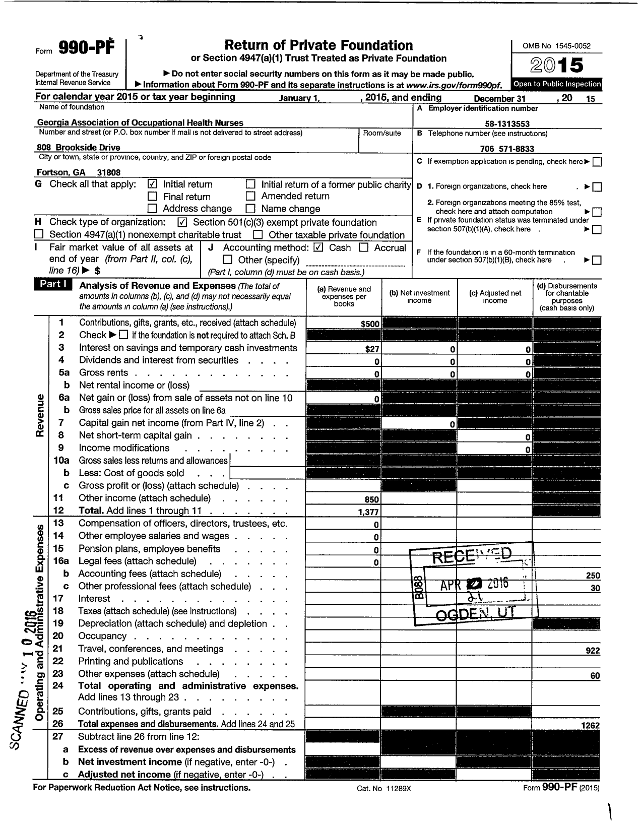 Image of first page of 2015 Form 990PF for Georgia Association of Occupational Health Nurses